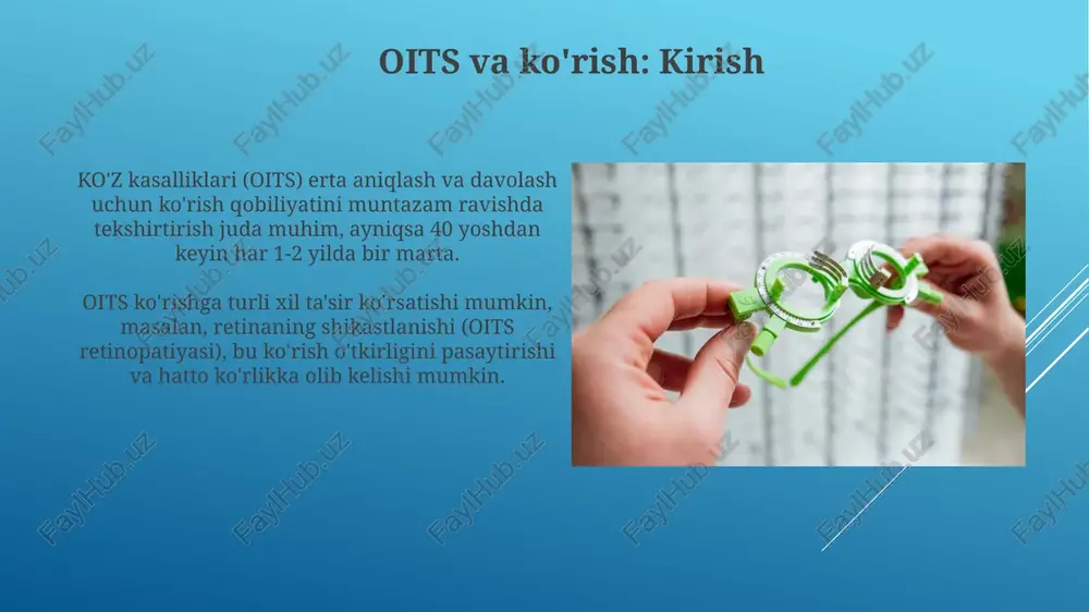 n. oits bilan kasallangan odamlarda kaposi sarkomasi konjunktiva yoki ko'z qovoqlarida paydo bo'lishi mumkin, bu esa ko'z yuzasida qizarish, og'riq va ko'rish buzilishlariga olib keladi. oitsning ko'zga ta'siri oits bilan kasallangan odamlarda kaposi sarkomasi paydo bo'lishi mumkin, bu esa ko'z qovoqlari yoki kon'yunktiva kabi ko'zning yuzasida qizarishga olib keladi. oitsning ko'zga ta'siri retinada cmv retiniti kabi infektsiyalarni keltirib chiqarishi mumkin, bu esa ko'rishning sezilarli darajada yo'qolishiga olib keladi. e'tiboringiz uchun rahmat @taqdimot_robot image2.jpg image3.jpg image4.jpg image5.jpg image6.jpg image7.jpg image8.jpg image9.jpg image10.jpg image11.jpg image12.jpg image13.jpg image14.jpg image15.jpg image16.jpg image17.jpg image18.jpg am ‘\