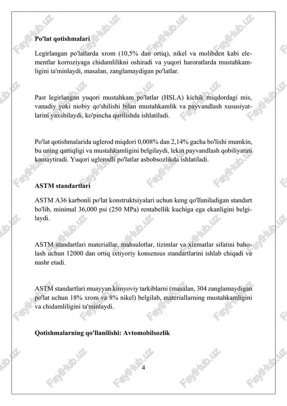n qotishmalari, masalan, ti-6al-4v, 6% alyuminiy va 4% vanadiy o'z ichiga oladi, yuqori kuch va korroziyaga chidamlilik xususiyatlariga ega bo'lib, aerokosmikda qo'llaniladi. beta qotishmalari, masalan, ti-10v-2fe-3al, yaxshi sovuq shakllantirish xususiyatlariga ega va yuqori quvvat talab qilinadigan avtomobil qismlari uchun mos keladi, 1100 mpa gacha kuchlanishga chidaydi. alfa qotishmalari, ti-5al-2.5sn kabi, payvandlash qobiliyati va yuqori haroratga chidamliligi bilan ajralib turadi va kimyoviy ishlov berish uskunalari uchun 400°c gacha ishlatiladi. mis qotishmalari mis-nikel qotishmalari, masalan, kupronikel, 75% mis va 25% nikelga ega bo'lishi mumkin, bu ularni dengiz suvida korroziyaga juda chidamli qiladi, shuning uchun ular dengiz muhandisligida ishlatiladi. latun mis va sinkning qotishmasi bo'lib, tarkibi 67% mis va 33% sinkni o'z ichiga oladi, bu unga yaxshi ishlov berish xususiyatlarini beradi va musiqiy asboblarda, masalan, trubalarda qo'llaniladi. bronza mis va qalayning qotishmasidir, odatda 88% mis va 12% qalaydan iborat bo'lib, uni korroziyaga chidamli qiladi hamda dengiz sanoatida va haykaltaroshlikda foydalanishga imkon beradi. qotishmalarning …