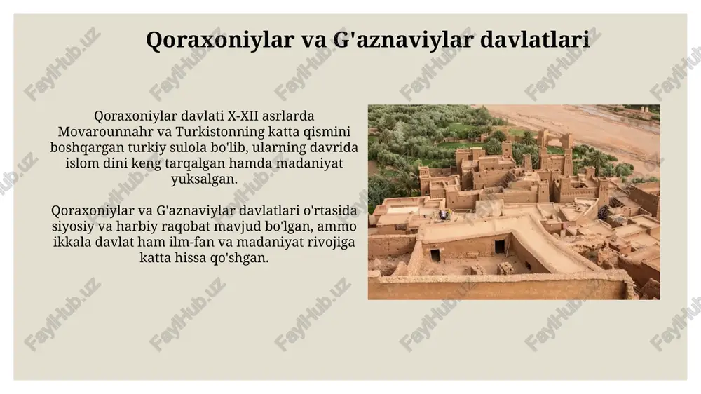 tiklagan. bu davrda davlatchilik tuzilmalarida muhim o'zgarishlar yuz bergan. shayboniylar davri muhammad shayboniyxon 1503-yilda toshkentni egallab, shayboniylar davlatining asosini qo'ydi va movarounnahr hududida yangi siyosiy tuzumni barpo etishga kirishdi. 16-asrda shayboniylar davlati buxoro xonligiga aylantirildi, bu esa davlatning siyosiy markazining buxoroga ko'chirilishini va hokimiyatning markazlashuvini anglatardi. amir temur va temuriylar davlati temuriylar davlatida ulug'bekning astronomik kuzatuvlari natijasida 1437-yilda tuzilgan «ziji jadidi ko'ragoniy» astronomik jadvali fan tarixida muhim ahamiyatga ega bo'ldi. temuriylar renessansi davrida alisher navoiy (1441-1501) o'zbek adabiy tilining rivojlanishiga katta hissa qo'shdi va «xamsa» kabi asarlar yaratdi. e'tiboringiz uchun rahmat @taqdimot_robot image4.jpg image5.jpg image6.jpg image7.jpg image8.jpg image9.jpg image10.jpg image11.jpg image12.jpg image13.jpg image14.jpg image15.jpg image16.jpg image17.jpg image18.jpg image19.jpg image20.jpg
