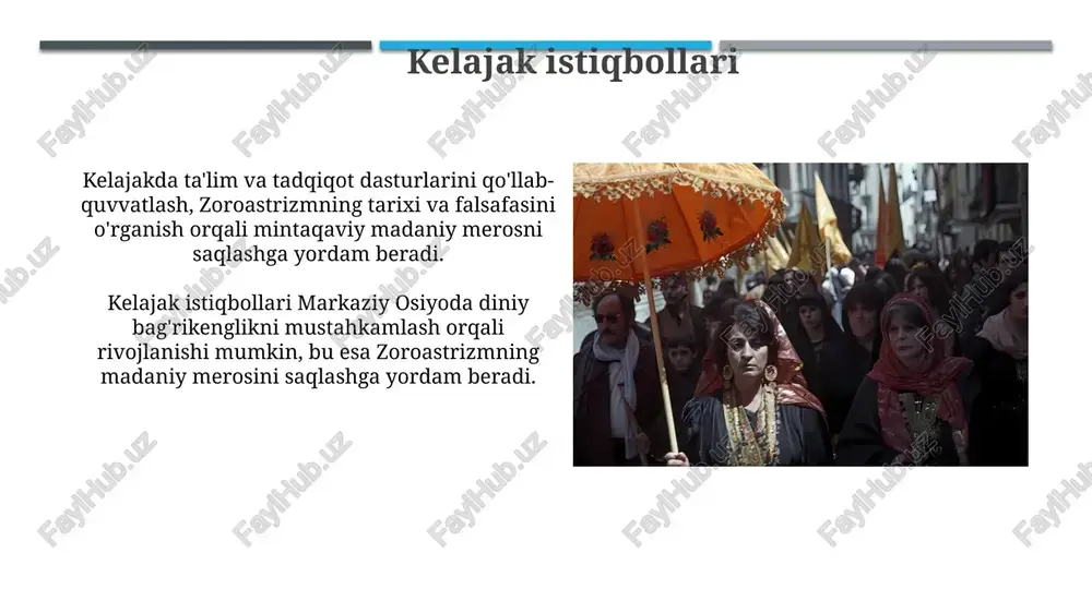 ham nishonlanmoqda. zardushtiylik taʼlimotlari, xususan axuramazda (ahura mazda) va angra mainyu oʻrtasidagi yaxshilik va yomonlik kurashi, zamonaviy falsafiy qarashlarga, 19-20-asr adabiyoti va sanʼatiga sezilarli taʼsir koʻrsatgan, bu bugungi kunda ham davom etmoqda. navroʻz va zardushtiylik an'analari navroʻz zardushtiylikda yangi yil sifatida nishonlanadi, bahorning boshlanishi va tabiatning uyg'onishi, ahuramazdaning yaratuvchanligini 13 kun davomida sharaflash bilan belgilanadi. olov zardushtiylikda poklik ramzi bo'lganligi sababli, navroʻzda olov yoqish va undan sakrash odati mavjud bo'lib, bu o'tgan yilgi barcha yomonliklardan tozalanish va yangilanishni anglatadi. sosoniylar davrida zardushtiylik sosoniylar davrida zardushtiylik davlat diniga aylantirildi, bu esa ruhoniylarning katta ta'sirga ega bo'lishiga va ko'plab otashkadalar qurilishiga olib keldi. sasoniylar davrida zardushtiylik matnlarini yig'ish va standartlashtirish ishlari olib borildi, natijada v asrda "avesto"ning asosiy qismi shakllandi. e'tiboringiz uchun rahmat @taqdimot_robot image2.jpg image3.jpg image4.jpg image5.jpg image6.jpg image7.jpg image8.jpg image9.jpg image10.jpg image11.jpg image12.jpg image13.jpg image14.jpg image15.jpg image16.jpg image17.jpg image18.jpg sort rie ss is sn wo ye # any prey, sa …