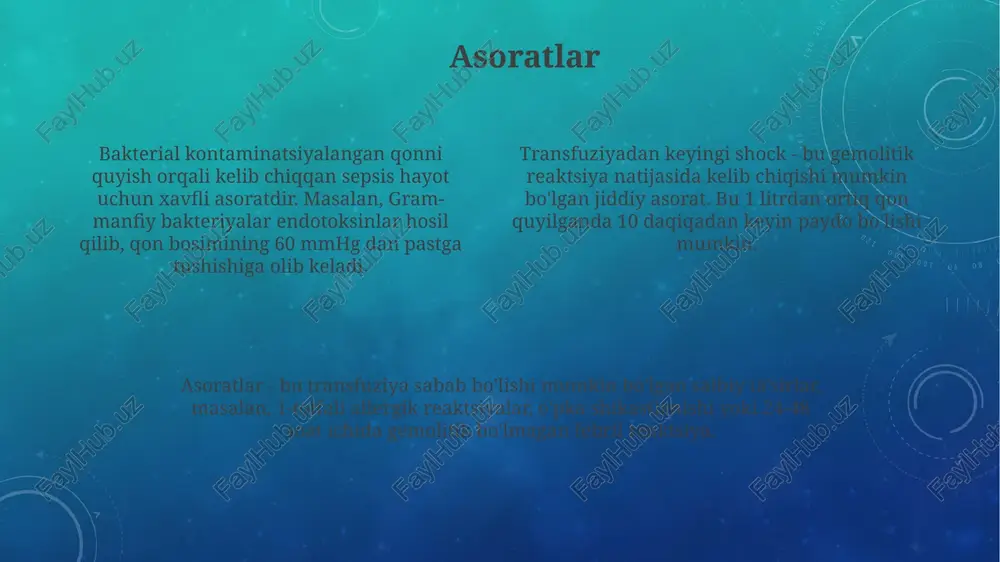 alan, antiglobulin testi (kumbs sinovi) bemor qonida eritrotsitlarga qarshi antitelalarni aniqlash uchun zarurdir. ta'rif va turlari noimmunologik shok turlari – bu bakterial kontaminatsiya natijasida kelib chiqadigan sepsis, o'pka shikastlanishi (trali), shuningdek, sitrat zaharlanishi kabi metabolik buzilishlar bilan bog'liq bo'lishi mumkin. transfuziyadan keyingi shok – bu qon quyish natijasida kelib chiqadigan o'ta og'ir, hayot uchun xavfli bo'lgan reaktsiya bo'lib, 1 dan 3 foizgacha hollarda kuzatiladi va darhol aralashuvni talab etadi. immunologik shok turlari – bu gemolitik reaktsiyalar bo'lib, ular abo mos kelmasligi tufayli yuzaga keladi va bunda antitellalar donor eritrotsitlarini yo'q qiladi, klinik jihatdan 0.1 dan 1 foizgacha kuzatiladi. etiologiya va xavf omillari infektsiyalangan qon komponentlarini quyish sababli kelib chiqadigan septik shok, ayniqsa, bakterial kontaminatsiya darajasi 0,1% dan oshganda xavfni oshiradi. transfuziya bilan bog'liq o'pka shikastlanishi (trali) neytrofillarga qarshi antitanachalar ishtirokida 1:5,000 dan 1:10,000 gacha transfuziyalarda kuzatilishi mumkin. allergik reaktsiyalar, ayniqsa iga yetishmovchiligi bo'lgan bemorlarda, 1:20,000 dan 1:50,000 gacha chastota bilan …