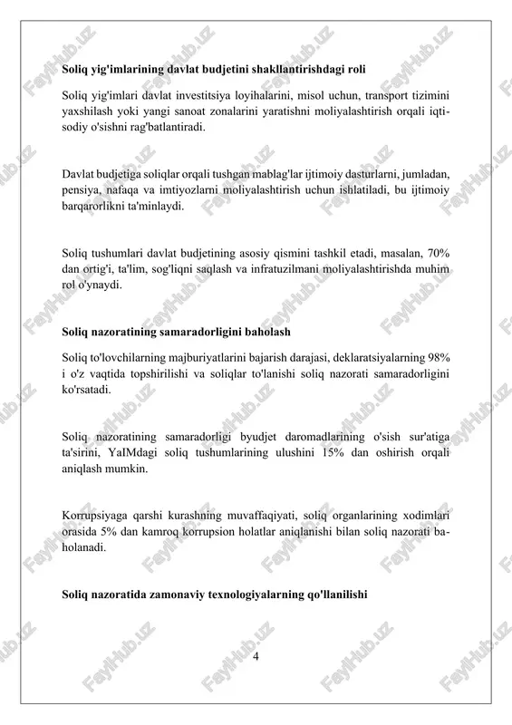 ida qo'shilgan qiymat solig'i stavkasini 15 foizdan 12 foizga tushirdi. soliq ma'muriyatchiligini soddalashtirish uchun elektron soliq hisobot tizimi joriy etildi, bu esa hisobot topshirish jarayonini tezlashtiradi va xatolarni kamaytiradi. soliq kodeksiga 2024-yilda kiritilgan o'zgartishlar soliq bazasini kengaytirish va iqtisodiy o'sishni rag'batlantirish maqsadida qator imtiyozlarni bekor qildi. soliq nazoratida xalqaro hamkorlik soliq nazoratida xalqaro hamkorlik oecd beps loyihasi doirasida transmilliy korporatsiyalarning soliqqa tortish bazasini eroziyasi va foydani ko'chirishga qarshi kurashishda muhim rol o'ynaydi. fatca (chet el hisoblari bo'yicha soliqqa rioya qilish to'g'risidagi qonun) aqsh soliq organlariga chet elda saqlanayotgan aqsh fuqarolarining moliyaviy ma'lumotlarini taqdim etish orqali soliq nazoratini kuchaytiradi. soliq ma'muriyatlari o'rtasidagi ma'lumot almashinuvi, shu jumladan avtomatik ma'lumot almashinuvi (aeoi) soliq to'lashdan bo'yin tovlash va yashirin daromadlarni aniqlashda muhim ahamiyatga ega. soliq nazoratining ijtimoiy sohani moliyalashtirishdagi ahamiyati soliq nazorati pensiya va nafaqalarni barqaror moliyalashtirishni ta'minlaydi, kamida 40% pensionerlarning ijtimoiy himoyasini kuchaytiradi va turmush darajasini yaxshilaydi. soliq nazorati orqali ta'lim, sog'liqni saqlash …