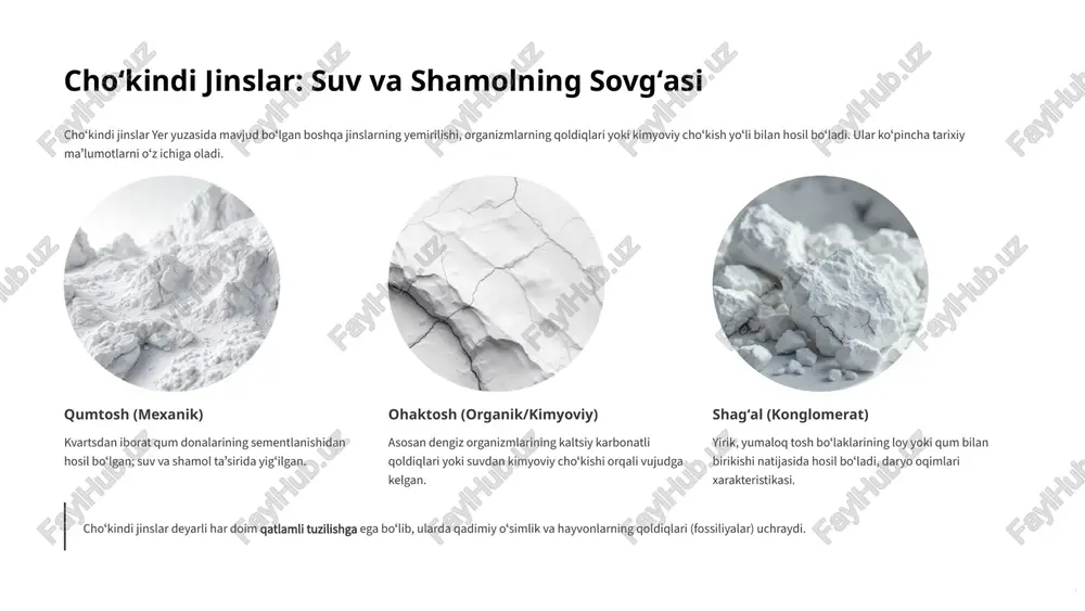 ati togʻ jinslari va minerallarni oʻrganish yerning oʻtmishini tushunish va kelajagini rejalashtirish uchun juda muhimdir. tarixiy ochilish jinslar yerning geologik evolyutsiyasi va iqlim oʻzgarishlari haqida maʼlumot beradi. iqtisodiy resurslar minerallar zamonaviy iqtisodiyot va sanoatning asosiy xomashyosi hisoblanadi. barqaror rivojlanish tabiiy resurslardan oqilona foydalanishni taʼminlash uchun geologiya bilimlari zarur. kelajak avlod geologiya yordamida tabiiy ofatlar xavfini kamaytirish va atrof-muhitni himoya qilish mumkin. geologiya — bu yerning tili boʻlib, uni oʻrganish dunyoqarashimizni kengaytiradi. tog' jinslari va minerallar bina tanishish 10 image1.png image2.png image3.png image4.png image5.png image6.png image7.png image8.png image9.png image10.png image11.png image12.png image13.png image14.png image15.png image16.png image17.png image18.png image19.png image20.png image21.png image28.png image29.png image22.png image23.png image24.png image25.png image26.png image27.png made with gamma siz g a [op