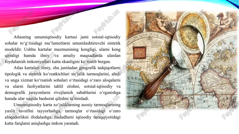 qishloq xo‘jaliginning etakchi tarmog‘ini kartografiyalash sohasi oldiga iqtisodiy isloxatlarning keyingi bosqichiga o‘tish sharoitida hal qilinishi zarur hisoblangan yangi muammolarni qo‘ymoqda. xo‘jalik yuritishning yangi sharoitida paxtachilik uchun ilmiy tadqiqot natijalari va mutaxassislar tajribasi umumlashtirilgan yirik kartografik asarlar zarur bo‘lmoqda transportni kartografiyalash transport va iqtisodiy aloqalar iqtisodiyotning taraqqiyotida muhim rol o‘ynaydi. hududning o‘zlashtirilganligi, uning transport bilan ta’minlanganligi, iqtisodiy rivojlanganlik darajasini va aholining turmush sharoitlarini ifodalaydi. trasport kartalarini uch turga bo‘lish mumkin: umumiy transport, majmuali va tor tarmoqli. undan tashqari, yuk va passajir transporti kartalari alohida ajratiladi. kartalarda yuk oqimlari, iqtisodiy aloqalar xajmi, yo‘nalishlari va strukturasi hamda aloqa yo‘llari rivojlanganlik darajasining tasvirlanishi yangi sanoat qurilishini joylashtirishda va butun iqtisodiyotni strukturaviy qayta qurishda muhim asos bo‘lib xizmat qilishi mumkin. aholini kartografiyalash demografik kartalar dastlab “o‘zbekistonning ilmiy ma’lumotnomali” atlasida keltirilgan. ularni mazmuni bo‘yicha quyidagi guruhlarga bo‘lish mumkin: aholi joylashishi kartalari (aholi soni, zichligi, shaharlar tarmog‘ining shakillanishi, shaharlar va shaharchalarni funksional tiplari, shahar va qishloq aholisi, …
