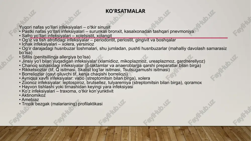 s (streptomitsin, kanamitsin va amikatsin) • bakterial zoonozlar qo‘zg‘atuvchilari: tulyaremiya, vabo (streptomitsin, gentamitsin), brutsellez (streptomitsin) • anaeroblar – chidamli ogohlantirishlar pnevmokokklar aminoglikozidlarga chidamli bo‘lganligi sababli, ularni kasalxonadan tashqari pnevmoniya davosida qo‘llash xato hisoblanadi. streptokokklar, shu jumladan yashil streptokokklar guruhi, aminoglikozidlarga umuman olganda past sezuvchanlikka ega. biroq, penitsillin bilan birgalikda qo‘llanganda kuchli sinergizm kuzatiladi. shu sababli, masalan, bakterial endokarditni davolashda benzilpenitsillin (yoki ampisillin) bilan gentamitsin (yoki streptomitsin) kombinatsiyasi qo‘llaniladi. garchi salmonella va shigellalar in vitro aminoglikozidlarga sezuvchan bo‘lsa-da, in vivo bu antibiotiklar samarasiz, chunki ular odam hujayralariga – ayniqsa shigella va salmonellalar joylashgan joylarga – yomon kiradi. shu sababli shigella va salmonellalarning aminoglikozidlarga sezuvchanligini aniqlash mantiqsizdir. farmakokinetikaning xususiyatlari • mushak ichiga, intraperitoneal va intraplevral yuborilganda yaxshi so‘riladi • ichakda deyarli so‘rilmaydi (og‘iz orqali faqat yo‘g‘on ichak operatsiyalaridan oldin jitni sterilizatsiya qilish yoki og‘ir disbakteriozning birinchi bosqichida buyuriladi) • yog‘ to‘qimasiga o‘tmaydi, shuning uchun semizlikda tana vazniga nisbatan hisoblangan dozani 25% ga …