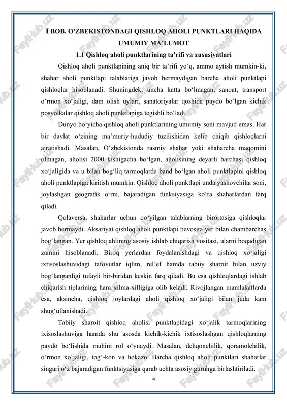 m shug‘ullanishadi. tabiiy sharoit qishloq aholisi punktlapidagi xo‘jalik tarmoqlarining ixisoslashuviga hamda shu asosda kichik-kichik ixtisoslashgan qishloqlarning paydo bo‘lishida muhim rol o‘ynaydi. masalan, dehqonchilik, qoramolchilik, o‘rmon xo‘jaligi, tog‘-kon va hokazo. barcha qishloq aholi punktlari shaharlar singari o‘z bajaradigan funktsiyasiga qarab uchta asosiy guruhga birlashtiriladi. 1. qishloq xo‘jaligi 2. qishloq xo‘jaligi bilan bog‘lanmagan 3. aralash qishloq aholi punktlari qishloq xo‘jaligi bilan bevosita bog‘liq bo‘lgan, aholisi qishloq xo‘jaligi maxsulotlari yetishtirish va uni qayta ishlash bilan band bo‘lgan aholi punktlapi qishloq xo‘jaligiga ixtisoslashgan aholi punktlapi, deb yuritiladi bunday qishloqlar aholisi odatda dehqonchilik, bog‘dorchilik, uzumchilik hamda chorvachilik bilan shug‘ullanadi. qishloq aholi punktlapining ikkinchi guruhiga bir qismi aholi qishloq xo‘jaligida, qolgani sanoat, transport, qurilish va xizmat ko‘rsatish sohalarida band bo‘lgan qishloq xo‘jaligi bilan bog‘lanmagan aholi punktlapi kiradi. aholisining aksariyati qishloq xo‘jaligida, ma’lum bir yashovchilar sanoatda, transportda, qurilishda, xizmat ko‘rsatish yoki boshqarishda ishlaydigan qishloq aholi punktlapi aralash qishloqlar, deb ajratiladi. qishloq aholi punktlapini klassifikasiyalashganda aholiyligi ko‘rsatkichidan foydalaniladi. …