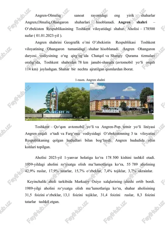 yaratuvchi kompleks tadbirlar; ijtimoiy soha obektlarining moddiy-texnik bazasini mustahkamlash, xizmatlar sifati hamda qamrovini keskin oshirish bo‘yicha kompleks tadbirlar; ko‘p kvartirali uy-joylarni ta'mirlash, ekologik muhitni yaxshilash, obodonlashtirish, shahar aholisiga munosib yashash sharoitini yaratish bo‘yicha kompleks tadbirlar; angren shahrida ta'lim sifatini oshirish, sog‘liqni saqlash tizimini rivojlantirish, madaniy-ma'rifiy sohada aholi faolligini oshirish, aholini sportga keng jalb etish hamda xotin-qizlarni qo‘llab-quvvatlash bo‘yicha kompleks tadbirlar rejasi tasdiqlandi. dasturni amalga oshirishning ustuvor yo‘nalishlari etib quyidagilar belgilandi: shaharni ijtimoiy-iqtisodiy jihatdan yanada rivojlantirish, aholining, xususan, xotin-qizlar, yoshlar va kam ta'minlangan fuqarolar bandligini ta'minlash orqali ularning daromadlari va turmush darajasini oshirish; yangi ishlab chiqarish quvvatlarini tashkil etish, mavjud ishlab chiqarish quvvatlarini modernizatsiya qilish orqali sanoat mahsulotlari ishlab chiqarish hajmini ko‘paytirish; aholini tadbirkorlikka keng jalb qilish va oilaviy tadbirkorlikni yanada rivojlantirish uchun qulay shart-sharoitlar yaratish; muhandislik-kommunikatsiya va ijtimoiy infratuzilmani rivojlantirish, shu jumladan ichki yo‘llarni va ijtimoiy soha obektlarini rekonstruksiya qilish va qayta ta'mirlash, aholining toza ichimlik suvi, tabiiy gaz, elektr …