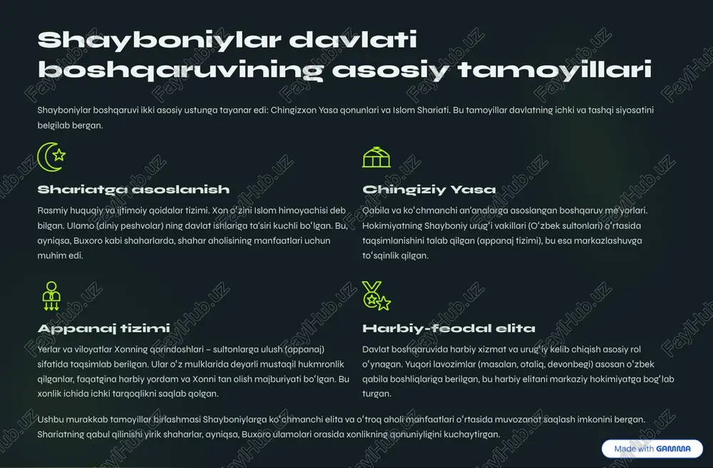sh majburiyati bo»lgan. bu esa markaziy hokimiyatning kuchayishiga to»sqinlik qilgan. otaliq asosan tajribali va nufuzli amir bo»lib, sultonlar yonida maslahatchi va nazoratchi vazifasini bajargan. markaziy hokimiyatning viloyatlardagi "ko»zi" hisoblangan. ba¾zan otaliq sultonning hokimiyatini cheklab qo»yishga ham qodir bo»lgan. hokim shaharlar yoki yirik tumanlarning bevosita ma¾muriy boshlig»i. u soliq yig»ish, tartibni saqlash va fuqarolik ishlarini boshqargan. hokimlar ko»pincha sultonlar yoki bevosita xon tomonidan tayinlangan. mahalliy ulamolar va qozilar viloyatlarda shariat qonunlari asosida adliya va ma¾rifat ishlarini olib borgan. ularning nufuzi ba¾zan hatto ma¾muriy rahbarlarning nufuzidan ham ustun bo»lgan, ayniqsa, diniy masalalarda. mahalliy boshqaruvning bu murakkab tuzilmasi, bir tomondan, hududiy nazoratni ta¾minlagan bo»lsa, ikkinchi tomondan, ichki kurashlar va sultonlarning mustaqillik xavfini doimiy ravishda oshirib turgan. https://gamma.app/?utm_source=made-with-gamma qonunchilik va huquqiy asoslar: shayboniyxonning qonunlari shayboniylar davridagi qonunchilik tizimi, avval aytilganidek, shariat va yasa me¾yorlarining o»ziga xos sintezi edi. shayboniyxonning o»zi nafaqat harbiy sarkarda, balki adolatparvar hukmdor sifatida ham tanilgan. huquq tizimining ikki asosiy manbai …