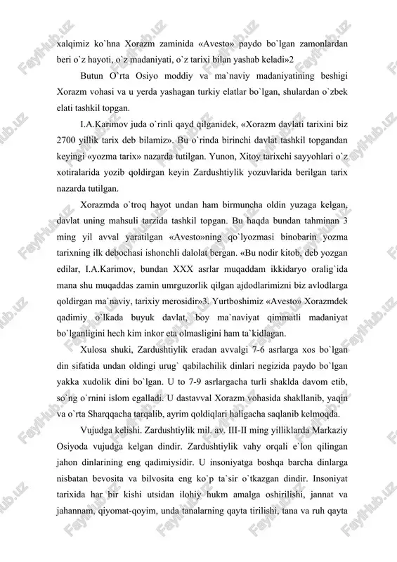 i hisoblanmish avestoda «mazdayasna» dini deb atalgan. bu so`zni «mazdaga sig`inmoq» deb tarjima qilish mumkin. «mazda» so`zi «donish, donishmand, oqil» kabi talqin etiladi. zardushtiylik yana «behdin», ya`ni «eng yaxshi din» deb ham ulug`langan. uning ta`limotiga ko`ra, barcha ezgu borliq mazdaning irodasi bilan yaratilgan. «mazda» so`zi oldiga ulug`lash ma`nosini anglatuvchi «axura» qo`shilib, zardushtiylikning ilohiyati – axura-mazda nomi paydo bo`lgan. bu – «janob mazda» yoki «iloh» demakdir. zardusht nomi tadqiqotlarda zaratushtra, zarduts, zoroatsr ko`rinishlarida ham ishlatiladi. tadqiqotchilar o`rtasida zardushtning tarixda bo`lgan yoki bo`lmaganligi borasida turli fikrlar mavjud. ba`zilar uni tarixiy shaxs deb bilsalar, boshqalar afsonaviy shaxs deb hisoblaydilar. manbalarning xabar berishicha, u taxminan mil. av. 1200-570 yillar orasida yashagan ilohiyotchi, faylasuf, shoirdir. tadqiqotchi m. boys ta`kidlashicha, u mil. av. 1500-1200 yillar orasida yashagan. zardusht markaziy osiyo hududida mavjud bo`lgan ko`pxudolikka negizlangan qadimiy diniy tasavvur va e`tiqodlarni isloh qilib, yangi dinga asos soldi. zardushtning tug`ilgan va ilk diniy faoliyatini boshlagan joyi xususida ikki …