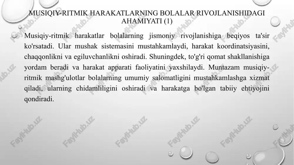 keyingi bosqichlarda (o'rta va katta yoshda) bolalar musiqaning alohida elementlari - tempi, dinamikasi, ritmini farqlashni va ularga mos harakatlarni bajarishni o'rganadilar. belgilangan harakat kombinatsiyalarini, raqs elementlarini o'zlashtiradilar. musiqaning shaklini (qismlarga bo'linishi) tushunish va harakatlar orqali uni ifodalash ko'nikmasi shakllanadi. bu bosqichda murakkabroq harakatlar va ularni aniq bajarishga e'tibor qaratiladi. musiqiy-ritmik harakatlarga o'rgatish bosqichlari (3) yuqori bosqichlarda (maktabga tayyorlov guruhlarida) bolalarning ijodiy qobiliyatlarini rivojlantirishga urg'u beriladi. bolalar musiqani tinglab, o'z tasavvurlari asosida mustaqil ravishda harakatlar yaratishni, musiqiy obrazlarni (qushlar, hayvonlar, personajlar) harakat orqali ifodalashni o'rganadilar. oddiy raqs kompozitsiyalarini bajarish, bir-biri bilan hamkorlikda harakat qilish ko'nikmalari shakllanadi. bu bosqichda ijodiy topshiriqlar va erkin harakatlanishga ko'proq o'rin beriladi. musiqiy-ritmik mashg'ulot turlari (1) musiqiy-ritmik mashg'ulotlar turli shakllarda o'tkazilishi mumkin. oddiy harakat mashqlari - bu bolalarning yurish, yugurish, sakrash, oyoq va qo'llar bilan oddiy harakatlarni musiqa jo'rligida bajarishi. bu mashqlar harakat apparatini rivojlantiradi va musiqaning tempi, ritmini his qilishga yordam beradi. misol uchun, quvnoq, tez …