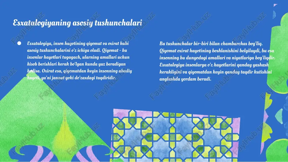 qiyomat va oxirat tushunchalarining ijtimoiy ahamiyatini yanada oshirishga xizmat qiladi. ba'zi ijtimoiy guruhlar o'z faoliyatlarini qiyomat va oxirat tushunchalari orqali jamiyatda o'zgarishlar kiritishga qaratmoqda. qiyomat va oxirat: kelajak tasavvurlari qiyomat va oxirat haqida qiyomat va oxirat tushunchalari zamon o'zgarishi bilan rivojlanmoqda. insoniyat taraqqiyoti, yangi fikrlar va qarashlar bilan birga, bu tushunchalarning yangilanishini talab etadi. o'zgarish va rivojlanish tarix davomida bu tushunchalar madaniy va ijtimoiy omillarga bog'liq ravishda o'zgarib bormoqda. bugungi kunda, yoshlar orasida bu tushunchalar yangi tasavvurlar bilan boyitilmoqda. zamonaviy fikrlar zamonaviy fikrlar qiyomat va oxiratni yanada kengroq tushunishga yordam beradi. ular din va falsafani birlashtirib, kelajakda yangi istiqbollarni ochadi. swot tahlili: kuchli tomonlar: diniy qadriyatlar; zaif tomonlar: noaniqliklar; imkoniyatlar: yangi fikrlar; tahdidlar: ijtimoiy muammolar. qur'on va qiyomat: asosiy tushunchalar qiyomat tushunchasi qur'onda qiyomat tushunchasi qur'onda bir necha joyda bayon etilgan. u insonlarning oxiratdagi ahvoli va hisobi haqida ogohlik yaratadi, qiyomat kunining kelishini ta'kidlaydi. qur'ondagi qiyomat belgilariga misollar - qiyomatning …