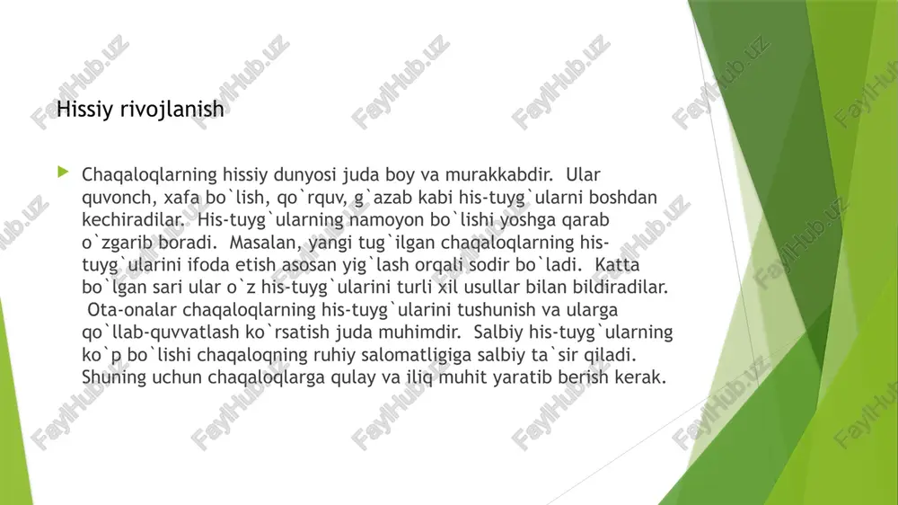 chaqaloqning kundalik tartibini tartibga soladi. ota-onalar chaqaloqning uyqu va ovqatlanish ehtiyojlariga e`tibor berishlari va ularni qondirish uchun harakat qilishlari kerak. uyqu va ovqatlanish masalalari chaqaloqning umumiy holatiga va kayfiyatiga ta`sir qiladi. uyqu va ovqatlanish chaqaloqlarning jismoniy rivojlanishi tug`ilishdan so`ng darhol boshlanadi. dastlabki oylarda ularning vazni va bo`yi tez o`sadi. mushaklarning rivojlanishi ularning harakatlanish qobiliyatini oshiradi. chaqaloqlar dastlab boshini ko`taradi, keyin o`tiradi, cho`kaydi va yura boshlaydi. harakatlarning rivojlanishi chaqaloqning dunyoni o`rganishiga imkon beradi. jismoniy mashqlar chaqaloqning mushaklarini mustahkamlaydi va ularning sog`lig`iga ijobiy ta`sir qiladi. ota-onalar chaqaloqlarning jismoniy rivojlanishini kuzatib borishlari va ularga yordam berishlari kerak. jismoniy rivojlanishning kechikishi bolaning sog`lig`ida muammolar mavjudligini ko`rsatishi mumkin. jismoniy rivojlanish chaqaloqlarning kognitiv rivojlanishi ularning dunyoni tushunish va bilish qobiliyatining rivojlanishini o`z ichiga oladi. bu jarayonda e`tibor, xotira, fikrlash va muammo yechish qobiliyatlari rivojlanadi. chaqaloqlar atrofdagi narsalarni kuzatadilar, ularning xususiyatlarini tahlil qiladilar va ular haqida xulosa chiqaradilar. o`yinlar va o`quv faoliyatlari chaqaloqlarning kognitiv rivojlanishiga ijobiy ta`sir …