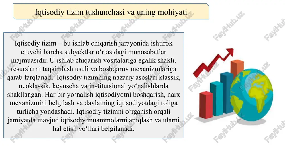 i mahsuloti (yaim) hajmi 101,59 milliard aqsh dollariga teng bo‘lgan. bu ko‘rsatkich 2017 yilga nisbatan qariyb ikki barobar o‘sishni bildiradi. shuningdek, 2024 yilda yaim o‘sish sur’ati 6,5 % ni tashkil etib, markaziy osiyo mintaqasidagi eng yuqori natijalardan biri sifatida qayd etildi. xizmat ko‘rsatish sohasi mamlakat iqtisodiyotining asosiy tarmoqlaridan biriga aylandi. 2024 yilda xizmatlar sektori yaim tarkibining 42 % ini tashkil etgan bo‘lsa, sanoatning ulushi 33 %, qishloq xo‘jaligining ulushi esa 25 % atrofida qayd etildi. bu raqamlar iqtisodiyotning diversifikatsiya yo‘lidan ketayotganini va xizmatlar tarmog‘i ulushi ortib borayotganini ko‘rsatadi. aholi bandligida ham o‘zgarishlar sezilmoqda. davlat statistika qo‘mitasi ma’lumotlariga ko‘ra, 2024 yilda mehnatga layoqatli aholining 27 % i qishloq xo‘jaligida, 20 % i sanoatda, qolgan qismi esa xizmat ko‘rsatish sohasida faoliyat yuritgan. bu esa iqtisodiy tizimda xizmat sektori yetakchilikka chiqayotganini tasdiqlaydi. investitsiyalar hajmi ham yildan-yilga ortib bormoqda. 2023 yilda o‘zbekistonga 8,1 milliard aqsh dollari miqdorida to‘g‘ridan-to‘g‘ri xorijiy investitsiyalar kirib kelgan. ularning katta …