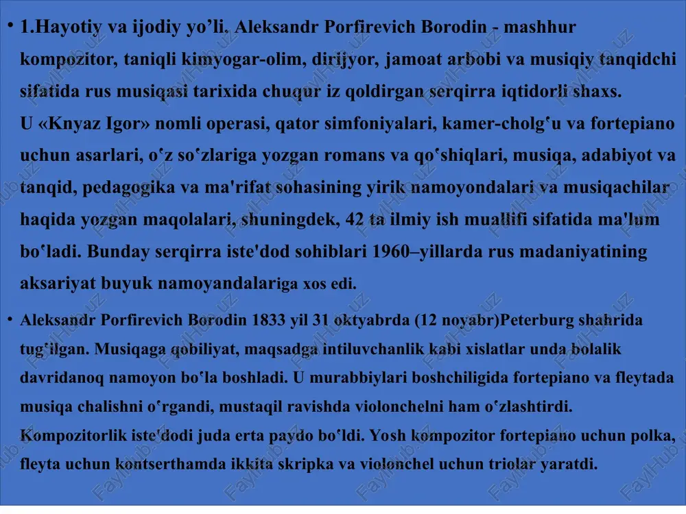 ikda bo’lgan ovozlar o’zaro mosligini) ko’p ishlatgan. romanslari. borodin kamer-vokal janrlarida glinkaning an’analarini davom ettirgan va yangilagan. borodin tomonidan pushkin, nekrasov, a.tolstoy, geyne matnlariga yozilgan 18 ta romans va qo’shiqlar yaratilgan. borodinning she’rlariga yozilgan romanslari ham yo’q emas. borodin o’z romanslarida dargomijskiy va musorgskiy kabi insoniy nutqga emas, asosan musiqa ohangiga e’tibor qaratgan. fortepiano ijrosi,uning uchun juda muhim edi. rus qahramonlari eposi obrazlarini romansga olib kirgan birinchi kompozitordir. 3.”knyaz igor” operasi. borodinning eng katta ahamiyatga ega musiqasi, milliy qahramonona eposga tegishli bo’lgan asari “knyaz igor.” operasidir. xii asr madaniyatining qadimiy rus haykali “slovo o polku igoreve” opera syujetini borodinga stasov taklif etgan. bu voqeada erga ega bo’lgan rus xalqi va o’troq sharq xalqi o’rtasidagi yorqin fojeali asr kurashi aks etgan. borodin bu voqea davrining tarixiy materialini o’rganib chiqib, bir paytning o’zida “knyaz igor” operasiga libretto yozadi. “knyaz igor” operasi 4 sahna va prologdan iborat. bu operada, tarixiy xalq musiqa dramasi, …