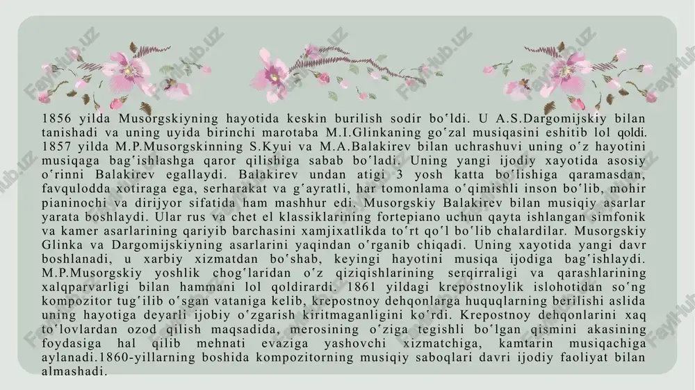 ‛lig‛iga jiddiy putur etkazib bo‛lgan edi. do‛stlarining g‛amxo‛rligi, ayniqsa rimskiy-korsakov bilan yaqin do‛stligi, stasov bilan doimiy muloqotda bo‛lishi uni qo‛llab-quvvatlab turadi. bu yillar kompozitor hayotidagi eng yorqin va yorug‛ damlar bo‛lib, ayni paytda umrining eng qayg‛uli davrining boshlanishi ham edi. m.p.musorgskiy ijodining uchinchi davri – 1874-1881 yillarga to‛g‛ri keladi. kompozitorning barcha o‛y-xayollari «xovanhina» asarida edi. uning markazida fojiaviy obrazlar alohida o‛rin tutadi. u a.a golenihev–kutuzov so‛zlari «quyoshsiz», «ajal qo‛shiqlari va raqslari» vokal turkumlarinini, verehagin qalamiga mansub bo‛lgan manzara ta'sirida «unutilgan» balladasini yozadi. shu yillarda musorgskiy yana bir ajoyib asarini – do‛sti v.gartmanning vafotidan so‛ng o‛tkazilgan rassomning rasmlari namoyish qilingan ko‛rgazmadan olgan taassurotlari ostida «ko‛rgazmadan manzaralar» nomli fortepiano pesalaridan iborat turkumini yaratadi. umrining oxirgi yillarida kompozitor o‛zining barcha yorug‛ hislarini gogolning syujeti asosida yaratilgan «sorochinskdagi yarmarka» komik operasida izhor etdi. oxirgi yillarda musorgskiy jo‛rnavoz sifatida tez-tez chiqishlar qilib, peterburgda eng mohir sozanda sifatida tan olindi. bu paytlarda uning hayotida sodir bo‛lgan …