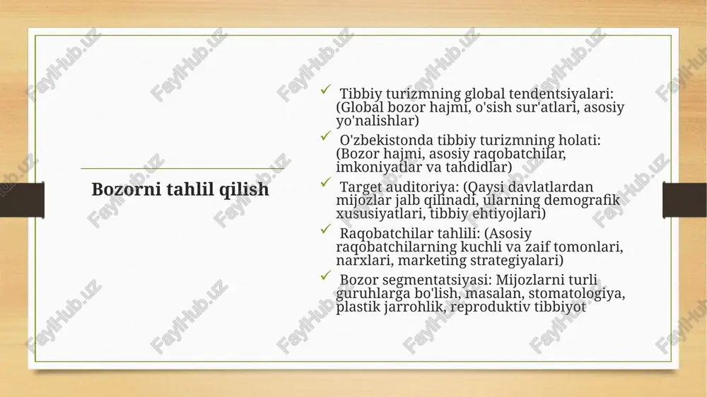 urizmni rivojlantirish: tibbiy turizm bilan bog'liq xizmatlar, ekologik turizmni rivojlantirishga imkoniyat yaratadi. mijozlar ekologik toza va sog'lom muhitda xizmat ko'rsatishni afzal ko'rishi, mahalliy ekologik muhitni saqlashga yordam beradi. - resurslarni samarali boshqarish: tibbiy turizm markazlarining faoliyati, resurslarni (masalan, suv, energiya) samarali boshqarish va ularni tejashga qaratilgan strategiyalarni joriy etishga olib kelishi mumkin. - mahalliy jamiyatlarning ekologik mas'uliyati: mahalliy aholi va bizneslar, ekologik barqarorlikni ta'minlashga qaratilgan tashabbuslarni qo'llab-quvvatlashlari mumkin. bu, o'z navbatida, atrof-muhitni saqlashga yordam beradi. e’tiboringiz uchun raxmat! image5.png image6.png image7.png image8.png image9.png image3.png image4.png medical tourism xarajat turi tahminiy summa (aqsh dollari) 1. ofis xarajatlari - ijara (yiliga) 24,000 - kommunal xizmatlar 3,600 - ofis jihozlari 10,000 2. xodimlar xarajatlari - ish haqi (yiliga, 5 xodim) 100,000 - xodimlar uchun trening 5,000 3. marketing va reklama - onlayn marketing 15,000 - offlayn marketing 10,000 4. tibbiyot muassasalari bilan hamkorlik - shartnoma to'lovlari 20,000 5. transport va turar joy - …