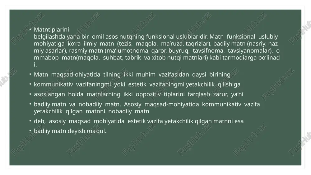 i qiziqish insonlarga xos, aql-idrok va bilim egasi bo‘lgan har ... ... sharaflidir. bilim egasi o‘z tilaklariga yetadi, ... ... . bilim egalari elda aziz ... . barcha murakkab ... ... bilan hal eta oladi. shunday ekan, ilm olish uchun hamisha izlanish, o‘qish, ... ... . ilm cho‘qqilarini zabt etish yo‘lida ... ... . ko‘p bilish uchun ko‘p ... ... . e’tiboringiz uchun rahmat! /docprops/thumbnail.jpeg mavzu: matnning qurishi. matnni shaklanizuven! vostalar