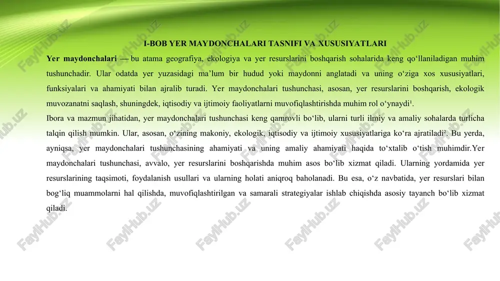 muvofiqlikni tushunishda asosiy bilim manbalaridan biri hisoblanadi. bu bo‘limda yer maydonchalari turlarining umumiy ta’rifi, ularning tasniflash mezonlari, asosiy turlar va ularning xususiyatlari, shuningdek, ularning ekologik va landshaftshunoslikdagi o‘rni keng yoritiladi. 1.3. yer maydonchalari xususiyatlarini tahlil qilish yer maydonchalari xususiyatlarini tahlil qilish yer maydonchalari — bu yer yuzasida joylashgan, tabiiy yoki sun’iy ravishda shakllantirilgan maydonlar bo‘lib, ular turli iqtisodiy, ekologik va ijtimoiy faoliyatlarning asosiy bazasi hisoblanadi. bu maydonchalarning xususiyatlarini o‘rganish, ularning ekologik barqarorligini, foydalanish imkoniyatlarini va rivojlanish istiqbollarini baholash uchun muhimdir. yer maydonchalari xususiyatlarini tahlil qilish jarayonida bir qator muhim omillar hisobga olinadi, jumladan, yerning geologik xususiyatlari, ekologik holati, iqlim sharoiti, yer resurslarining holati va inson faoliyatining ta’siri kabi aspektlar o‘rganiladi. ii-bob yer maydonchalari boshqaruvi va optimallashtirish 2.1. yer maydonchalari boshqaruv tizimlari yer maydonchalari boshqaruv tizimlari yer maydonchalari boshqaruv tizimlari (ymbt) — bu yer resurslarini samarali, adolatli va barqaror foydalanishni ta’minlash maqsadida ishlab chiqilgan huquqiy, texnik va boshqaruv mexanizmlarining kompleksidir¹. ushbu …