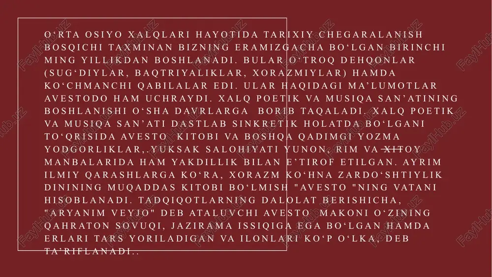 dalari batafsil yoritilgan. manbalarda ko‘rsatilishicha, abu nasr forobiy zabardast bastakor hamda ud, tanbur, g‘ijjak, nay, chang va qonun asboblarining mohir ijrochisi bo‘lgan. u o‘tkir didi va ajoyib musiqiy qobiliyati tufayli o‘rta va yaqin sharqda yashovchi turli xalqlarning musiqa madaniyati bilan yaqindan tanish bo‘lgan. uning musiqaviy qarashlarining shakllanishida, ayniqsa, o‘rta osiyo va madaniyati musiqiy urf-odatlari katta ta’sir ko‘rsatgan. forobiy musiqa ilmi va amaliyotida barabar dong taratgan. uning ijrochilik va bastakorlik ijodi shu qadar yuksak cho‘qqilarga erishganki, hatto bu to‘g‘rida xalq orasida ko‘plab afsonalar yuzaga kelgan. forobiy soz chalib, kuy ijro etib, odamlarni sarosimaga solganligi, goho jo‘shqin kishilarni xomush ahvolga tushirib, ba’zan esa ziyraklarni uxlatib, shinavandalarni hayratda qoldirganligi to‘g‘risida rivoyatlar mavjud. 8 forobiy musiqaga oid ko‘p asarlar yozgan. manbalarda uning “ilmlar klassifikatsiyasi” (“ixso al-ulum”), “katta musiqa kitobi” (“kitob al-musiqa al-kabir”), “musiqaga kirish” (“madhal fi-l-musiqa”), “ritmlar klassifikatsiyasi kitobi” (“kitob ixsa al-iko’”) va boshqa ko‘plab asarlari tilga olinadi. bu asarlarning ayrimlari qo‘lyozma sifatida dunyoning …