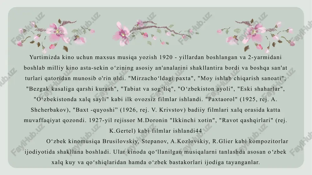 an, xususan bu jarayon, filmda gavdalangan material, ifoda vositalari, ilgari surilgan maqsadlari bilan farq qiladi.1. badiiy kino. 2. hujjatli kino ("turkiston" (1923), "turkiston ipakchiligi", "oʻrta osiyo bo'ylab" (ikkalasi 1924) birinchi oʻzbek hujjatli filmlaridir. 70-yillarda yaratilgan "bahordan bahorgacha", "13 qaldirg'och", "toshkent, zilzila", "samarqand hamisha men bilan", "qariyalar", "mirmahmud usmonov va uning 100 shogirdi" va h.k.3. apimatsiyali (multiplikatsiyali) kino. oʻzbekistonda multip- likatsion kino ishlash 60-yillardan boshlandi. "6x6 kvadratida" (1965 rej. d.salimov) kinosi respublikada ishlangan birinchi multiplikatsion qo'g'irchoq, filmdir, "sehrli sandiq" (rej. d.salimov), "shumtaka” (rej. q. kamolova), “kichik yolg'onchi" (rej. 3.royzman) va h.k.48.kinoning turli janrlarida yozilgan kinomusiqalar, oʻzining vazifasi va ahamiyatiga koʻra bir-biridan farq qiladi:1. hujjatli kinolar asosan tasavvur emas, balki real, voqe- liklarga asoslanadi.2. animatsiyali (multiplikatsiyali) kino - kino janrida ya- gona haqqoniy va jonli musiqadir. “estrada san'ati” shakllanishidagi ilk jarayon, bu san'at yoʻna- lishini ifoda etuvchi va amaliyotda keng qoʻllanila boshlangan atamalar bilan bog'liqligini e'tirof etish lozimdir. jumladan:“estrada” (fransuzcha estrada, lotincha …