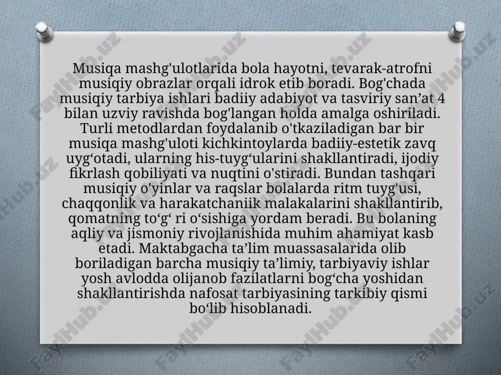 zoni re'-lya1; — to‘rt-besh yoshli guruhlarda ovoz diapazoni re^si1; 9 — besh-olti yoshli guruhlarda ovoz diapazoni re1-do1; — olti-yetti yoshli guruhlarda ovoz diapazoni re1-re2. musiqa tinglash uchun tavsiya etilgan va repertuarga kiritilgan musiqiy asarlar musiqiy obrazlar orqali bolalarda jonajon vatanga muhabbat, mehnatsevarlik, tabiatni e’zozlash, hamjihatlik, rahm-shafqat kabi xislatlarni shakllantirishga qaratilgan. bu tarbiyaviy maqsadga erishishda muhim ahamiyat kasb etadi. musiqa haqida boshlang‘ich ma’lumotlar berish bolalarni o‘rganilgan asarlar nomini eslashga, ularning mazmuni, xarakteri va ifoda vositalarini farqlash hamda asarlarga ma’lum ma’noda baho bera olishga o‘rgatadi. bolalar diqqati uncha barqaror bo'lmaganligi tufayli ular yorqin yangraydigan musiqiy asarlarni idrok etishga qodir bo‘ladilar. kichkintoylar, ayniqsa, so‘zli asar (qo‘shiq)larni yaxshi idrok etadilar, chunki so‘z va ohang birhgi musiqiy asar mazmuning oson idrok etishga yordam beradi. xususan, musiqa rahbari kuy-qo‘shiqlami ijro etganda uning tanish ovozi va ifodali intonatsiyasi, mimikasiva ishoralari bolalarni 10 maftun etadi. musiqiy mashg‘ulotlami olib borishda musiqa rahbari kichkintoylaming yoshi va qiziqishlarini e’tiborga olishi lozim. …