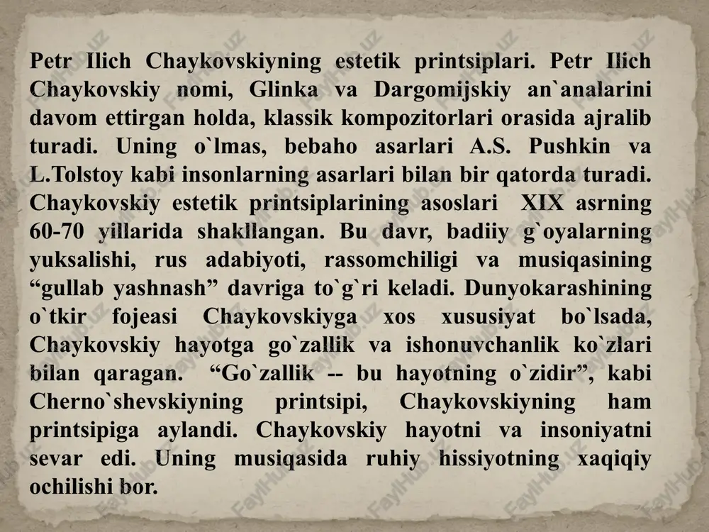 ng asarlari quvnoq va optimistik ruhdadir. aynan shu davrlarda chaykovskiyning “romeo va juletta”, “burya” (bo`ron), “francheska da rimmini” dramatik asarlari ham yaratilgan. uning asarlarini targ`ib qilgan, pianinochi va dirijer n.g. rubinshteyn, uning asarlarini bosmaga tushirgan, nashriyotchi yurgenson, musiqiy tanqidchi larosh kabi insonlar chaykovskiyni qo`llab quvvatlab turishgan. antonina milyukova--chaykovskiyning rafiqasi.chaykovskiyning milyukovaga uylanishi uning hayotida muhim ahamiyatga ega.ular o`zaro murosaga kelisha olmasliklari va oiladagi noxush, keskin holat kompozitorni asabiy-negativ ahvolga solib qo`ydi va shuningdek kompozitor tushkunlikka tushgan holda o`z joniga qasd qilish fikridan qaytib, rafiqasini tark etadi.hayoti davomida ular boshqa uchrashishmadi, shunga qaramasdan, chaykovskiy ancha yillar mobaynida antonina milyukovani moddiy tomondan ta`minlab turgan. chaykovskiy musiqasi lirikdir. yoyilgan musiqa,ifodaning asosiy vositasidir. melodiya (ohang) o`z ichiga rus xalq qo`shiqlarining keng kuychanligini, insoniy nutqning deklamatsion-kuychanlik ifodasini o`z ichiga oladi. chaykovskiy musiqasi yuqori professional, badiiy etuklikda bo`lgani bilan oddiyliligi bilan farq qiladi. garmoniya va shakl, musiqa mazmuni tomonlama belgilanadi.sekventsion rivojlanish uslubidan keng foydalanilgan. chaykovskiy asarlarida ko`proq …