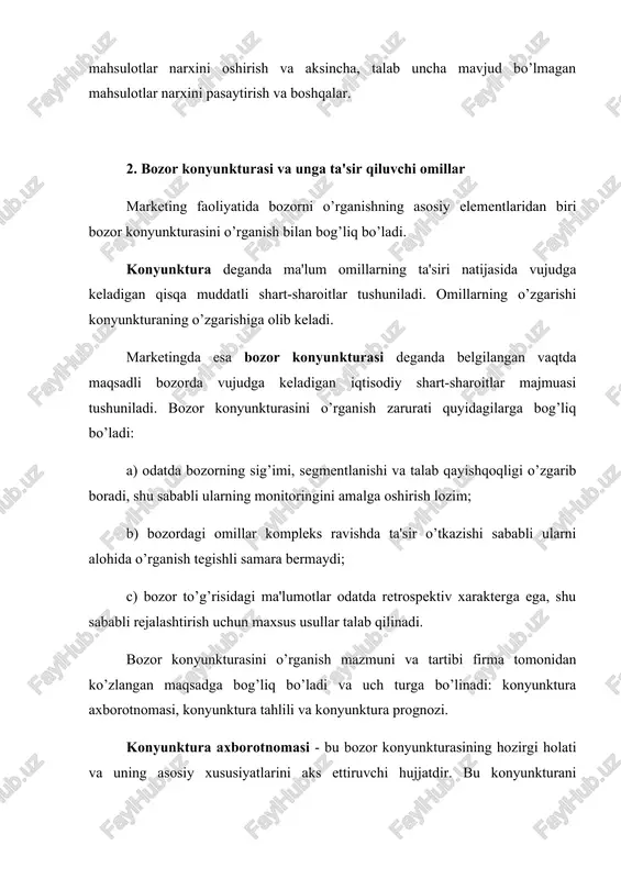 vollarga javob topish lozim bo’ladi. konyunkturani o’rganishning birinchi bosqichi iqtisodiyotning holatini tahlil qilishdan boshlanadi. yalpi milliy mahsulot, milliy daromad, eksport hajmi, investitsiyalar va iste'mol darajasi va boshqa ko’rsatkichlar ichki bozorning rivojlanganlik darajasini aniqlashga yordam beradi. bozor konyunkturasining hozirgi holati iqtisodiy siyosatning bir-ikki yil oldin bajarilgan harakatlarning mahsuli bo’lganligi sababli, makroiqtisodiy tahlil kamida ikki yillik muddatni qamrab olishi maqsadga muvofiq. keyingi bosqichi bozorni shakllantiruvchi sohaning tahliliga bag’ishlanadi. bunda quyidagi savollarga javob topish lozim bo’ladi: · sohaning iqtisodiyotdagi o’rni qanday? · soha texnologik jihatdan hayotiy tsiklning qaysi bosqichida? · sohaning rivojlanish sur'atlari qanday? · sohada qanday muammolar mavjud? bunday izlanish natijasida taklifning umumiqtisodiy imkoniyatlari ma'lum bo’ladi. shunisi e'tiborliki, makroiqtisodiy omillarning tahlili kompleks ravishda olib borilishi va olingan ma'lumotlar keng doiradagi konyunktura tahlillarda qo’llanilishi mumkin. shu sababli ko’pchilik davlatlardagi, shu jumladan o’zbekistonda bunday axborotlarni davlatning maxsus organlari va halqaro tashkilotlarni vakolatli organlari tayyorlab beradilar. masalan, bmt ning inson taraqqiyoti hisobotlari, tacis dasturining iqtisodiy …