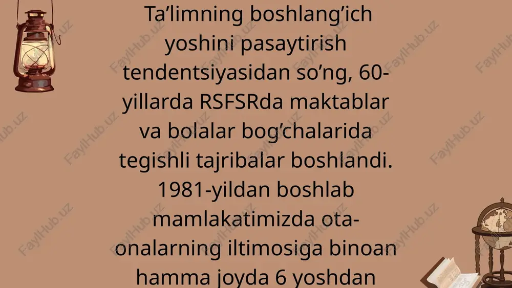 agi pq-3276-sonli qarori. 11. “o„zbekiston respublikasi maktabgacha ta‟lim vazirligi faoliyatini tashkil etish to„g„risida”. o„zbekiston respublikasi prezidentining 2017 yil 30 sentabrdagi pq-3305-sonli qaror 7. mustahkam oila yili” davlat dasturi. 2012 yil. xalq so„zi gazetasi. – 98 b. 8. “maktabgacha ta‟lim tizimi boshqaruvini tubdan takomillashtirish choratadbirlari to„g„risida”. o„zbekiston respublikasi prezidentining 2017 yil 30 sentabrdagi pf-5198-sonli farmoni. 9. “maktabgacha ta‟lim tizimini tubdan takomillashtirish choratadbirlari to„g„risida”. o„zbekiston respublikasi prezidentining 2017 yil 9 sentabrdagi pq- 3261-sonli qarori. 10. “nodavlat ta‟lim xizmatlari ko„rsatish faoliyatini yanada rivojlantirish choratadbirlari to„g„risida”. o„zbekiston respublikasi prezidentining 2017 yil 15 sentabrdagi pq-3276-sonli qarori. 11. “o„zbekiston respublikasi maktabgacha ta‟lim vazirligi faoliyatini tashkil etish to„g„risida”. o„zbekiston respublikasi prezidentining 2017 yil 30 sentabrdagi pq-3305-sonli qaror etiboringiz uchun rahmat! image1.jpeg image2.png image3.png image4.png image5.png image6.png image7.png image8.svg image8.jpeg image9.png image11.svg image10.jpeg image11.png image14.svg 4 is ) ? * be ‘ £ ee % % a 4 © /docprops/thumbnail.jpeg