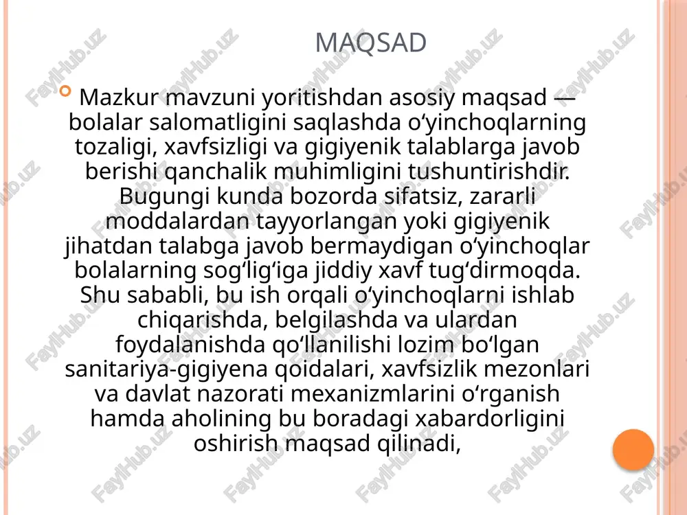 kerak. fiziologik va psixologik moslik: • o‘yinchoq bolaning yoshiga va psixofiziologik xususiyatlariga mos kelishi kerak. • qo‘rqinchli, tajovuzkor obrazlar, baland tovushli yoki chaqmoq effektli (epilepsiyaga olib kelishi mumkin) funksiyalardan foydalanilmasligi tavsiya etiladi.] 3 kimyoviy og‘ir metall va ftalatlarni cheklash, toksik bo‘yoqlardan xoli bo‘lish, ekologik yorliqlar bilan belgilanish o‘yinchoqlar xavfsiz materialdan tikilishi fizik burrsiz yuzalar, mayda qismlar yo‘qligi, baland shovqinga chek, elektr isolatsiya sinovlari bolalarning fizik zarar riskini kamaytiradi biologik rejalashtirilgan tozalash, dezinfeksiya, yumshoq o‘yinchoqlarga alohida e’tibor mikroblarni kamaytiradi, lekin mutlaq kasallikdan himoya emas 🧪 1. kimyoviy xavfsizlik: material va bo‘yoq • og‘ir metallar va toksik moddalar: astm f963 (aqsh) va en 71‑3 (yevropa) standartlari bo‘yicha bo‘yoq va plastik materiallar tarkibida qo‘rg‘oshin, kadmiy, simob, qora metall kabi iflos moddalar miqdori qat’iy cheklanadi . • ftalatlar: cpsia qonuni bo‘yicha bolalar og‘ziga tushishi mumkin bo‘lgan o‘yinchoqlarda 0,1 % dan ortiq boʻlishi mumkin emas . • sertifikatlangan ekologik mahsulotlar: “phthalate‑free”, “pvc‑free”, “bpa‑free” yorliqlar bilan …
