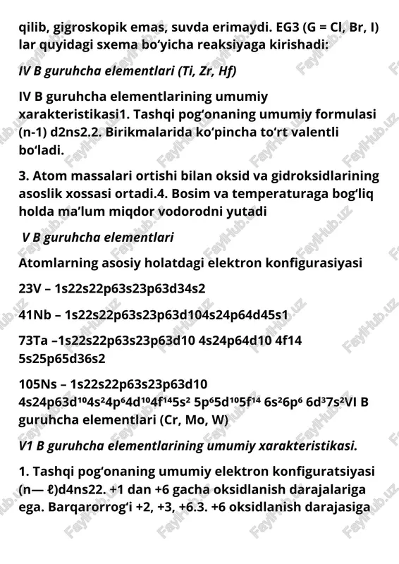ingugurt bilan reaksiyaga kirishadi:temir nam havoda sekin oksidlanadi (zanglaydi). toza temir korroziyaga uchramaydi. suv va konsentrlangan h2so4 bilan odatdagi sharoitda reaksiyaga kirishmaydi. temir havoda qizdirilganda oksid parda hosil qiladi. temir kukunlari esa havoda yonadi, xlor oltingugurt bilan reaksiyaga kirishadi: xrom-organizmda asosan uch valentli xrom birikmasi ko‘rinishida bo‘ladi. tarkibi 6-12 mg ni tashkil etib, asosan teri, suyak va muskullarda bo‘ladi. yosh oʻ‘tishi bilan tanada xrom boshqa mikroelementlarga qaraganda kamayadi. xromning biologik mohiyati birinchi navbatda glyukozaga tolerantlikni me’yorida ushlab turadi, yog‘lar va uglevodlar almashinuvida qatnashadi.marganets birikmalarining biologik ahamiyati vii b guruh elementlaridan faqatgina marganets hayotiy muhim element hisoblanadi. katta yoshdagi odamlarda 12 mg (1,6∙10-5%) marganets bo‘ladi. organizmda marganets oqsillar, nuklein kislotalar, atf, adf va alohida aminokislotalar bilan metallokompleks hosil qiladi.marganets. qon bilan barcha a’zolarga va to‘qimalarga tushadi. jigar, buyrak, limfa bezlari, me’da osti bezida bo‘ladi. ayniqsa, embrionning keyingi 3 oydagi rivojlanishida marganets ko‘p yig‘iladi. bolaning o‘sishi va rivojlanishi, moddalar almashinuvida, ichki sekresiya …