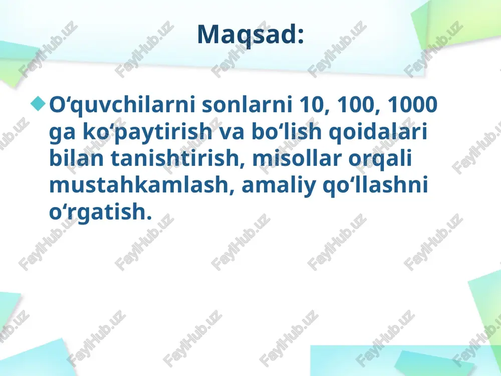 iladi.bunda birinchi navbatda bo’linmada bo’linuvchida nechta raqam bo’lsa, shuncha raqam chiqadigan hollar qaraladi ( 792 : 3 ), keyin esa bo’linmada bo’linuvchidagidan biitta raqam kam chiqadigan hollar qaraladi. ( 196 : 7 ) xonali songa ko’paytirish.o’quvchilar bir xonali songa ko’paytirishni mustahkam o’zlashtirib olganlaridan so’ng 10, 100, 1000 ga keyin esa 30, 300, 3000 ga ko’paytirish usullari qaraladi. 10, 100, 1000 ga ko’paytirish bu erda takrorlash tartibida qaraladi. bu usul birinchi marta sonlarni nomerlashni o’rganishda ko’rib o’tilgan edi. dastlab o’quvchilar o’qituvchi boshchiligida ilgari egallangan bilimlarni yangi shartlarda qo’llashga doir qator misollarni yechadilar. xonali songa bo’lish. dastlab 10 ga va 100 ga qoldiqsiz bo’lish hollari qaraladi: undan keyin 10 va 100 ga qoldiqli bo’lish hollari kiritiladi. nol bilan tugaydigan sonlar uchun 10 ga bo’lish qoidasini keltirib chiqarish uchun quyidagi misollarni ko’rib chiqamiz. 60 : 10 = 6 .( jadval bo’yicha) 100 : 10 = 10. ( nomerlash asosan) 190 : 10 = …