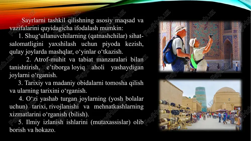 raflama chuqur tahlil qilish, turli mezonlar hamda qarashlarni umumlashtirish yo‘li bilan ko‘zlangan maqsadlarni amalga oshirish mumkin. butunjahon turizm tashkilotining tavsiyalari va mezonlariga e’tibor qaratish, mazkur bozordagi talab va taklifning o‘zaro mutanosibligiga erishish talab etiladi. masalan, ichki turizm bozoridagi narxlar darajasini qaytadan ko‘rib chiqish, xorijiy turistik firmalarga berayotgan takliflar va ta’riflarni «cho‘ntakbop» qilish ularning qiziqishlari oshishiga olib keladi. bu, o‘z navbatida, xizmat ko‘rsatish takliflarimizni jahon andozalari darajasiga yetkazish imkonini beradi. shu bois, mamlakatimiz aholisini aksariyat qismini qishloq joylarda yashashishini inobatga oladigan bo‘lsak, oziq-ovqat mahsulotlarini yetishtirish, tayyorlash, saqlash, qayta ishlash, tashish va sotish bilan shug‘ullanadigan maskanlarda milliy turmush tarzimizning o‘ziga xos an’ana va qadriyatlari yaxshi saqlanib qolgan. shu sababli ham, mahalliy aholining ijtimoiy faolligini oshirish, zamon bilan hamnafas yashashini shakllantirishda turizm infratuzilmasi va servis xizmatlari yo‘lga qo‘yilishi muhim ahamiyatga ega. mazkur bandlik hisobiga qishloqda ijtimoiy mehnatning xarakteri davriy tus oladi, milliy ishlab chiqarish turlari rivojlanadi, eng muhimi, zamonaviy xizmat ko‘rsatishning ilg‘or usullari …