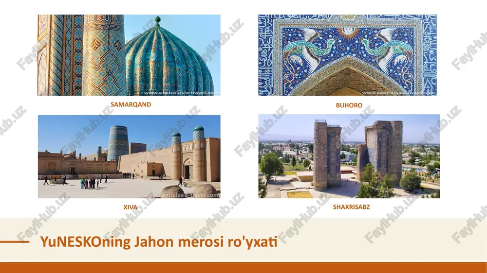 m) bo‘lib, uni bevosita toshkent ko‘chalaridan oddiy ko‘z bilan ko‘rish mumkin. chimyon tog'larida faol turizm, plyajda dam olish, chang'i uchish, paraplanda uchish va hokazolar uchun juda ko'p imkoniyatlar mavjud. turistlar va dam oluvchilarning asosiy oqimi qish va bahorga to'g'ri keladi. qishda qishki sport turlarini sevuvchilar bu erga kelishadi: chang'ichilar, snoubordchilar. yaqinda bir necha turdagi liftlar va rivojlangan infratuzilmaga ega yangi zamonaviy “amirsoy” tog‘ kurorti foydalanishga topshirildi. bahor - alpinistlar, alpinistlar, deltplanlar yoki paraplanchilar uchun vaqt. bu yerda sport lagerlari, toqqa chiqish, piyoda sayohatlar va boshqalar o‘tkaziladi. surxondaryo surxondaryo – oʻzbekistonning eng janubiy viloyati togʻ va ekoturizm bilan ajralib turadi. mintaqada siz tabiiy landshaftning ajoyib go'zalligini ko'rishingiz mumkin: g'orlar, massivlar, daralar. bu joylar sayohatchilar va sarguzashtchilarning e'tiborini tortadi. betakror tog‘li boysun va gur-gur-ota hududlarida go‘zal tabiatdan tashqari, o‘ziga xos xalq hunarmandchiligi, turmush va xalq og‘zaki ijodi saqlanib qolgan. surxondaryo qadimiy baqtriya zamini boʻlib, bir vaqtlar mintaqaning muhim buddizm markazi boʻlgan. issiq …