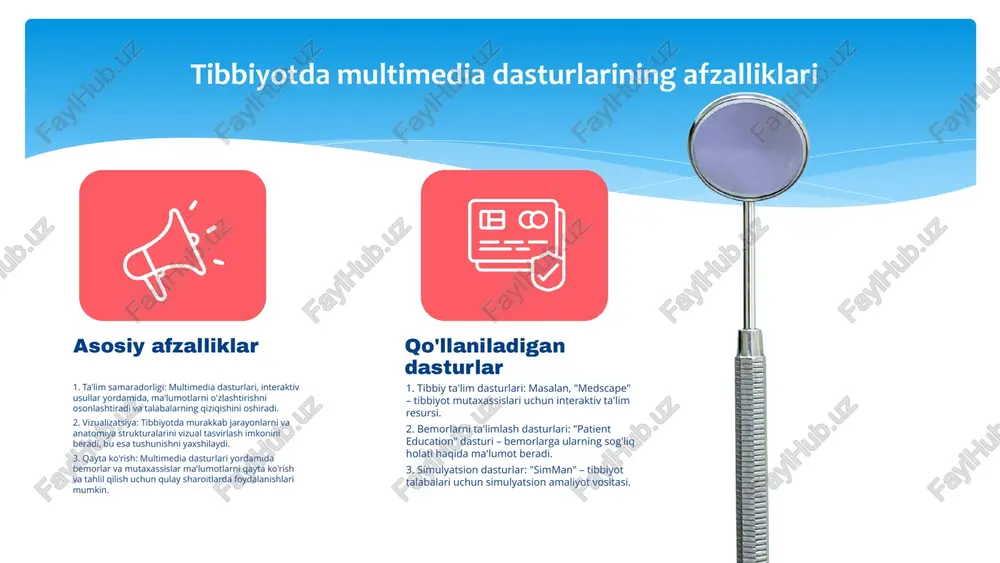 mulyatsiya yordamida shifokorlar bemorlarning holatini yaxshiroq tushunishadi va individual davolash rejalarini ishlab chiqishadi. bu usullar bemorlar uchun davolash jarayonini yanada qulay va tushunarli qiladi. o'qitish va ta'lim diagnostika va davolash jarayoni multimedia dasturlarining kelajagi yangiliklar va innovatsiyalar kelajakda multimedia dasturlari tibbiyotda yanada rivojlanadi. ular, masalan, virtual reallik va sun'iy intellekt orqali bemorlarni davolash jarayonini yaxshilashda muhim rol o'ynaydi. yangi texnologiyalar, masalan, telemeditsina va raqamli sog'liqni saqlash platformalari, bemorlar uchun yanada qulay va samarali xizmatlarni taqdim etadi. biroq, multimedia dasturlarining rivojlanishi maxfiylik masalalari va texnologik infratuzilmaning yetishmasligi kabi bir qator muammolarni keltirib chiqarishi mumkin. shuningdek, innovatsiyalarni amalga oshirishda qiyinchiliklar va moliyaviy resurslar yetishmasligi ham muammo bo'lishi mumkin. xulosa - multimedia dasturlar tibbiyotda ta'lim va tashxis jarayonlarida muhim rol o'ynaydi. - ushbu dasturlar o'qitish jarayonida interaktivlikni oshiradi. - tibbiyotda multimedia dasturlarining afzalliklari samarali ma'lumot taqdim etishdir. - kelajakda multimedia dasturlari innovatsiyalar bilan rivojlanadi. - muammolarni bartaraf etish uchun samarali yechimlar ishlab chiqilmoqda. …