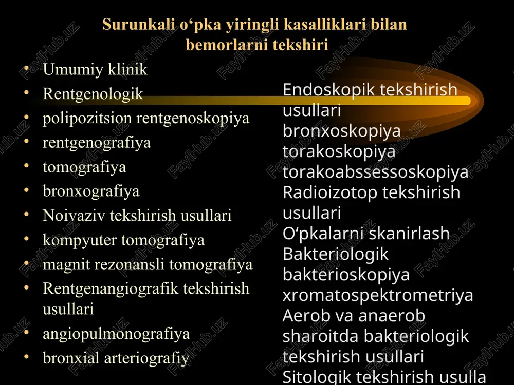 gi simptomlar bulsa unda bronxoektazlar borligiga gumon qèëñà bo‘ladi: 1) surunkali yo‘tal va balg‘am ajralish; 2) qon tufirish; 3) qaytalanuvchi pnevmoniyalar; 4) uzoq davom etgan og‘ir pnevmoniya va tuliq tuzalish kuzatilmayotgani (qolib ketgan balg‘am ajralishi bilan yo‘tal); 5) o‘pkani xar xil soxalarida doimiy xirillashlar borlig laborator diagnostika qon umumiy taxlili (avj olgan davrda – leykotsitoz s neytrofillarni chapga siljishi bilan, echtni oshishi, ayrim xolatda anemiya). balg‘amni mikroskopik va bakteriolik taxlili (uch qàâòëè õàðàêòåðãà ega: pastda – yiring, o‘rtada – seroz suyuqlik, yuqorida – shilliq-yiringli oz tufik bilan ko‘pik). bakteriologik taxlilda aniqlanadi - haemophilus influenzae. streptococcus pneumoniae, staphylococcus aureus, anaeroblar, sil mikobakteriyasi, zamburug‘lar). qon bikimyoviy taxlili (α1-fraksii globulinlarni pasayishi. bu α1-antitripsin yetishmovchiligi to‘g‘risida ma'lumot beradi). instrumental diagnostika rentgenografiya; bronxografiya; bronxoskopiya; kt; nafas faoliyatini tekshirish. rentgenografiya xarakterli belgilar: atelektaz, pnevmoskleroz, peribronxial skleroz va balg‘am to‘lishi natijada upkabronx suratni kuchayishi, “tramvay reykalari” – qalinlashgan bronxlar natijasida “juft yo‘laklar”. zararlangan bo‘lak o‘lchamlari kichik, tomirlar …