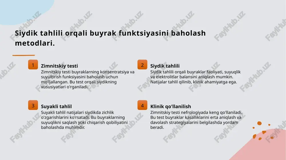hamiyati zimnitskiy testi buyrak funktsiyasini baholashda muhim rol o'ynaydi. bu tahlil orqali, bemorlarning salomatlik holatini aniqlash mumkin. 2 siydik tahlili metodlari siydik tahlili, buyrak salomatligini baholash uchun bir qancha metodlarni o'z ichiga oladi. ular orqali buyraklar faoliyatini samarali tahlil qilish mumkin. 3 klinik qo'llanilishi zimnitskiy testining klinik qo'llanilishi bemorlarning davolanish jarayonini yaxshilaydi. bu test natijalari shifokorlarga to'g'ri tashxis qo'yishda yordam beradi. foydalanilgan adabiyotlar 1. murodov, a., & abdullayev, a. zimnitskiy testi va uning buyrak funktsiyasini baholashdagi o'rni. tibbiyot jurnali, 2021 2. saidov, b. siydik tahlili va zimnitskiy testining ahamiyati. nephrology va urologiya, 2020 3. karimov, r. zimnitskiy testining tibbiyotdagi roli. o'zbekiston tibbiyot akadamiya ilmiy jurnali, 2022 4. usmanov, d. zimnitskiy testini o'rganish: yangi yondashuvlar va metodologiyalar. tibbiyot va sog'liqni saqlash, 2023 5. qodirov, e. siydik tahlili va buyrak funksiyasini baholash usullari. tibbiy texnologiyalar va innovatsiyalar, 2023 e'tiboringiz uchun rahmat! /docprops/thumbnail.jpeg click to edit master tite style
