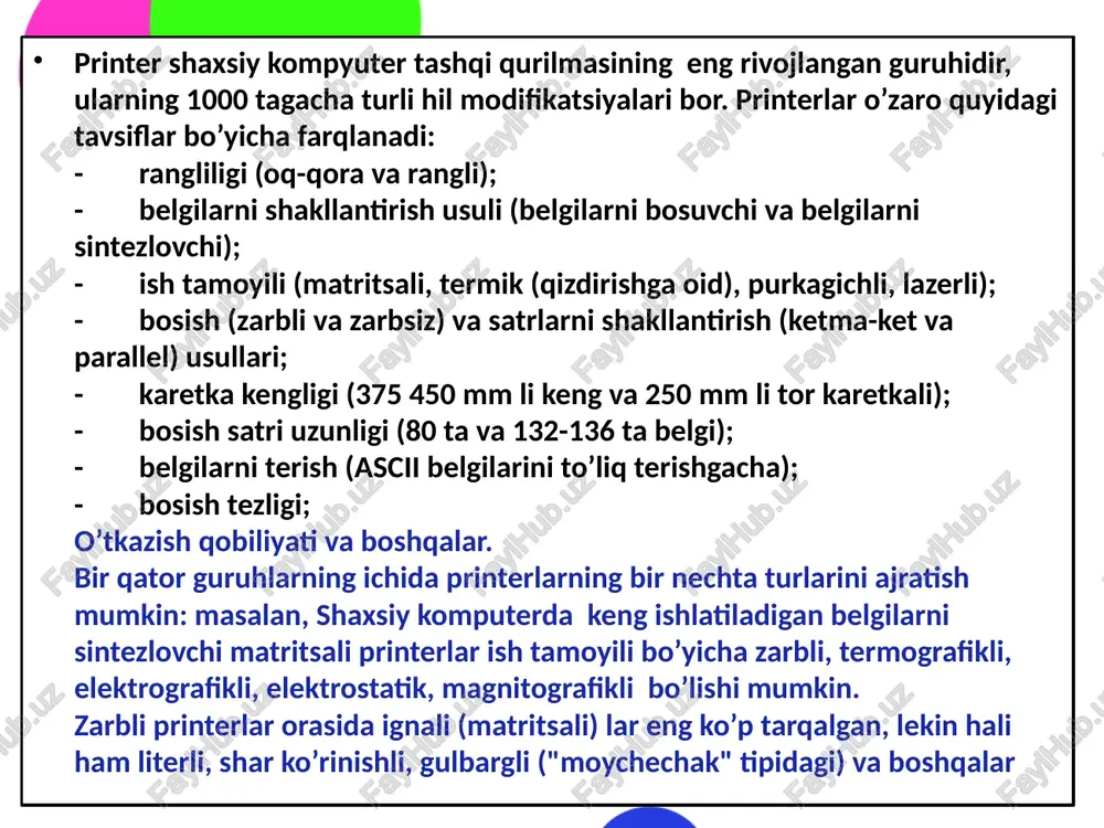 dan 64 tagacha soploga e'ga. . keyingi yillarda ularning mukammallashishida jiddiy rivojlanishga erishildi: tasvirni shakllantirishda bosuvchi kallakning juda mayda soplolari yordamida qog`ozga siyoh tomchilarining yo`naltirilgan portlatishga o`xshash purkash - purkagichli bosishning "pufakchali" texnologiyam deb ataluvchi usuli ishlatiladi. purkash jarayoni texnikasi quyidagicha bo`ladi. soplo devoriga elektrik qizdiruvchi element o`rnatilgan b`lib, uning harorati elektr impulsi berilganda 5-10 mks ichida keskin ortadi. qizdiruvchi element bilan kontaktda joylashgan siyohning hammasi bir zumda bug`lanadi, bu bosimning keskin oshishiga olib keladi, buning oqibatida siyoh soplodan qog’ozga otilib chiqadi. "otilgandan" keyin siyoh bug`lari kondensatsiyalanadi, soploda pasaygan bosim zonasi hosil bo`ladi va o`nta siyohning yangi portsiyasi (ulushi) suriladi. bu yangi texnologiya purkagichli printerlar va plotgerlar olamida burilish yasadi, bu esa ularning o`tkazish qobiliyatini yana bir pog`onaga (dyuymda 600-1440 ta nuqtagacha) ko`tarish imkonini berdi. shunday qilib, hozirgi vaqtda purkagichli printerlar millimetrga 50 tagacha nuqtali o`tkazish qobiliyatini va sekundiga 500 tagacha belgini bosish tezligini ta’minlaydi va bunda bosish sifati lazerli …