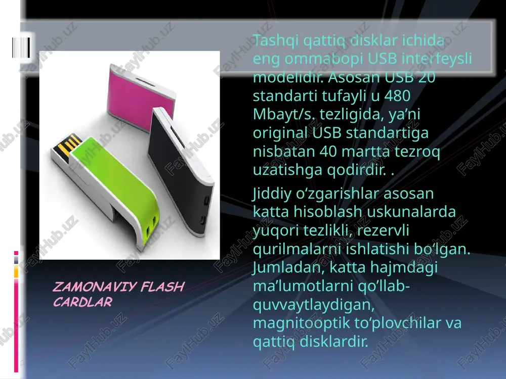 zirgi kunda quyidagi firmalar qattiq disk ishlab chiqarish bilan shug‘ullanmoqda: fujitsu, hitachi america, ins, ibm, quantum corporation, segate technology, maxtor corporation, storage technology corporation, western digital corporation, samsung. dastlabki vinchesterlar hali shaxsiy kompyuterlar yaratilmasdan oldin,1957 yil ibm tomonidan ishlab chiqilgan va u 5 mb xotiraga ega bo‘lgan, daxshatli narx evaziga sotilgan. dastlabki shaxsiy kompyuter ibm pc xt bo‘lib, u uchun 10 megabaytlik qattiq disklar yaratilgan. vinchester turlari: disklar bilan ishlash kompakt disk bilan ishlash: ma'lumot yozish, ko'chirish, ochish kompakt disk disketaga nisbatan ancha ko'proq ma'lumot saqlash imkoniga ega. masalan, disketaning hajmi 1,44 mb bo'lsa, kompakt diskning hajmi 650 yoki 700 mb ni tashkil etadi, ya'ni unga taxminan 500 marta ko'proq ma'lumot yoziladi. kompakt diskdagi ma'lumotlarni o'qish uchun kompyuterga maxsus qurilma - cd rom (compact disk read only memory) drive o'rnatilgan bo'lishi kerak. kompakt diskdagi ma'lumotlarni o'qish uchun kompakt diskni qurilmaga o'rnatish kerak. buning uchun cd rom qurilmasining open/eject tugmasini bosib, …