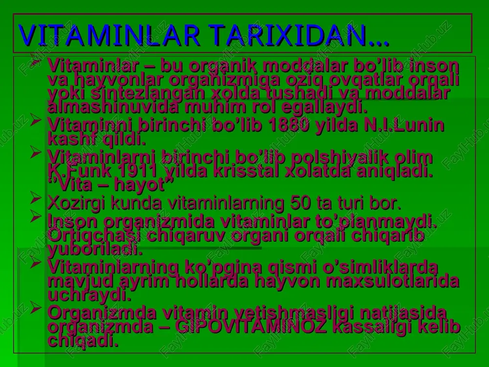 ayanch to’qimalar sturukturasi o’zgaradi. glikoproteinglikanlar hosil bo’lishi buziladi, gemoragik holatlar va suyak tog’ay to’qimalarida spetsifik o’zgarishlar bo’ladi. vitamin h tabiatda tarqalishi; karam, qo’ziqorin, no’xat, mosh, makkajo’xori, go’sht mahsulotlarida ko’p biokimyoviy funksiyasi; qonda albumin bilan bog’lanadi va to’qimalarga o’tadi. asosan buyrak va jigarda ushlanadi. o’zgarmagan xolda peshob va najas orqali chiqariladi. to’qimalarda erkin biotin fermentlarning faol markazidagi lizining aminoguruhlari bilan bog’lanadi, uning koferment shakli bo’lib, h – karboksibiotin hisoblanadi. karboksibiotin to’qimalarda gidrokarbonatlarni o’zlashtirilishini taminlaydi. uyqu va ishtahaga ta’sir qiladi. teri holati, soch, qondagi xolisterin miqdoriga ta’sir qiladi. h vitamin yetishmovchiligi avitaminoz kilinik ko’rinishlari odamlarda kam o’rganilgan, chunki ichak mikroflorasi uni yetarli miqdorda sintezlanadi. uning yetishmovchiligi ko’p miqdorda xom tuxum yoki sulfanilamind preparatlar va antibiotiklar qabul qilganda rivojlanadi. bunda dermatit, soch to’kilishi, tirnoqlarning jarohatlanishi, charchash anoreaksiya va anemiya kuzatiladi. vitamin pp tabiatda tarqalishi; cho’chqada, baliqda, pomidor, na’matak, yeryong’oq, petrushkada ko’p uchraydi. biologik funksiyasi: vitamin pp oksidlanish-qaytarilish reaksialarida qatnashuvchi ko’pgina degidrogenazaallarning nad vanadf …