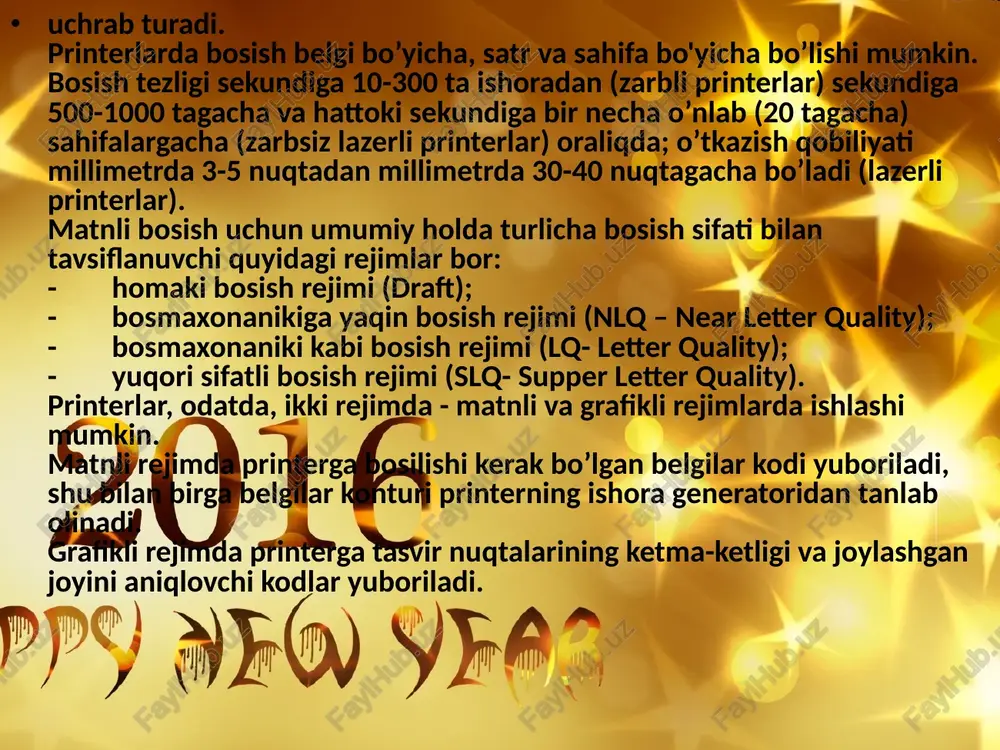 ngi texnologiya purkagichli printerlar va plotgerlar olamida burilish yasadi, bu esa ularning o`tkazish qobiliyatini yana bir pog`onaga (dyuymda 600-1440 ta nuqtagacha) ko`tarish imkonini berdi. shunday qilib, hozirgi vaqtda purkagichli printerlar millimetrga 50 tagacha nuqtali o`tkazish qobiliyatini va sekundiga 500 tagacha belgini bosish tezligini ta’minlaydi va bunda bosish sifati lazerli bosish sifatiga yaqin bo’ladi. purkagichli printerlar yozuvchi kallakda katta miqdordagi soplolarni ishlatib, rangli bosishni ham bajaradi, lekin bunda o`tkazish qobiliyati oq-qoraga nisbatan tahminan ikki marta kamayadi (lekin epson firmasi o’tkazish qobiliyati 400 dpi bo`lgan, rangli bosish tezligi sekundiga a4 o`lchamli 4 betni tashkil etgan noyob rangli purkagichli stylus 600 printerini yaratganligi to'g'risida axborot mavjud). rangli tasvirni yaratish uchun odatda, poligrafiyada qabul qilingan cmyk rangli sxema ishlatilib, u o’z ichiga to’rtta bazaviy (asosiy) rangni oladi: cyan - havo rang, magenta – to’q qizil rang, yellow - sariq rang, key - yetakchi (qora rang). murakkab ranglar bazaviy ranglarni aralashtirib hosil qilinadi. bosish sifati …