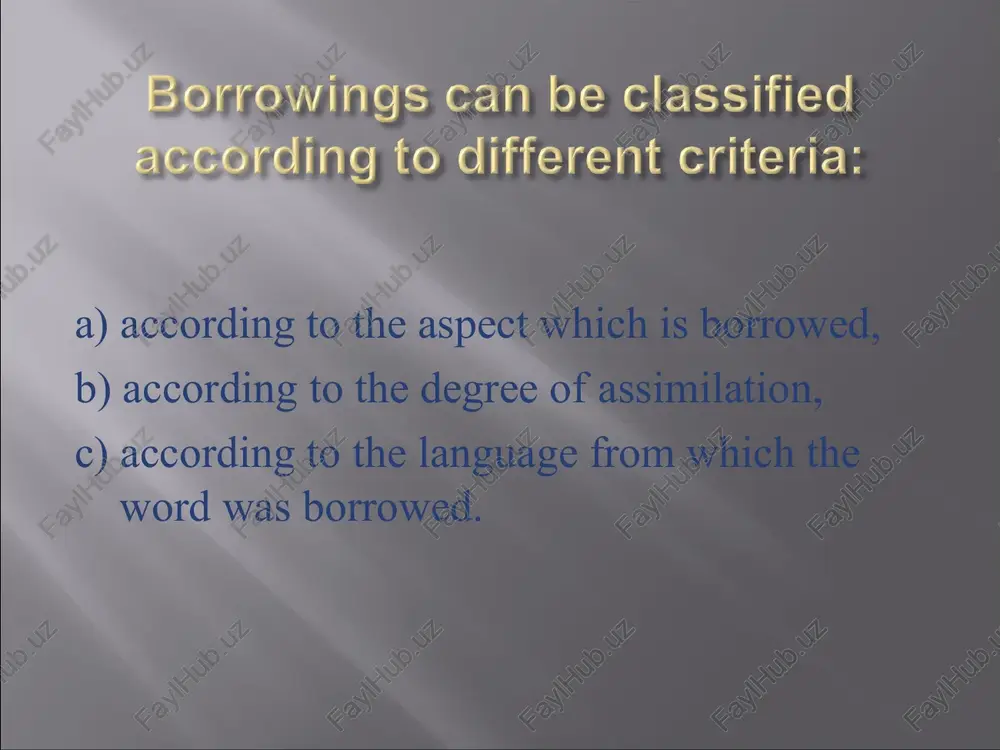 ch» denotes the sound /k/(chemistry, chaos),«ps» denotes the sound /s/ (psychology). non-assimilated borrowings (barbarisms) are borrowings which are used by englishmen rather seldom and are non-assimilated, e.g. addio (italian), tete-a-tete (french), dolce vita (italian), duende (spanish), an homme a femme (french), gonzo (italian) etc. romanic borrowings latin borrowings. among words of romanic origin borrowed from latin during the period when the british isles were a part of the roman empire, there are such words as: street, port, wall etc. many latin and greek words came into english during the adoption of christianity in the 6-th century. at this time the latin alphabet was borrowed which ousted the runic alphabet. these borrowings are usually called classical borrowings. here belong latin words: alter, cross, dean, and greek words: church, angel, devil, anthem. latin and greek borrowings appeared in english during the middle english period due to the great revival of learning. these …