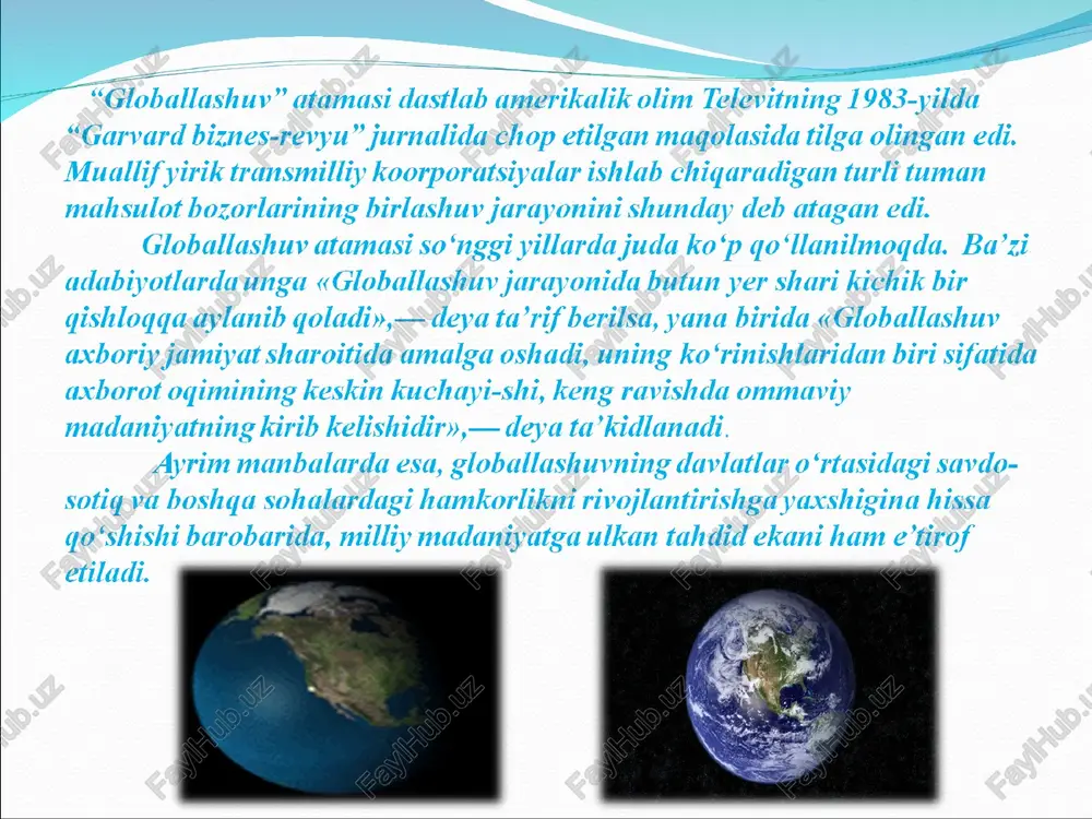 miyatda mafkuraviy daxlsizlik ta'minlanadi. inson, ijtimoiy guruh, millat, jamiyat dunyokarashini shakllantirishga, ularni muayyan maqsadlarni ifoda etadigan g’oyaviy bilimlar bilan qurollantirishga yunaltirilgan jarayon. xulosa qilib aytganda,o'zbekiston sharoitida mafkuraviy tarbiyaning asosiy vazifasi – xalqimizning ozod va obod vatan, erkin va farovon xayot barpo etish yulidagi asriy orzu-istaklari, maqsadlarini, milliy istiqlol mafkurasining moxiyatini keng jamoatchilikka tushuntirish va, ayniqsa, yoshlar ongiga singdirishdan iboratdir. i.karimov. hushyorlikka da'vat. o'zbekiton milliy axborot agentligi muxbirining savollariga javoblar., t.«o'zbekiton», 1999 y. karimov i.a. ozod va obod vatan, erkin va farovon hayot-pirovard maqsadimiz. 2000 y. karimov i.a. milliy istiqlol mafkurasi – xalq e'tiqodi va buyuk kelajakka ishonchdir. u.hayitov. mafkuraviy jarayonlarning globallashuvi. i.a.karimov, mamlakatimizda demokratik islohotlarni yanada chuqurlashtirish va fuqorolik jamiyatini rivojlantirish konsepsiyasi. 2010,11,12 ziyonet.com foydalanilgan adabiyotlar ruyxati: (— \ globallashuv hagida gapirganda, bu atama bugungi kunda ilmiy — falsafiy, hayotiy tushuncha sifatida juda keng ma‘noni anglatishini ta'kidlash lozim. umumiy nuqtai nazardan qaraganda, bu jarayon mutlago yangicha ma'no — mazmundagi xo'jalik, …
