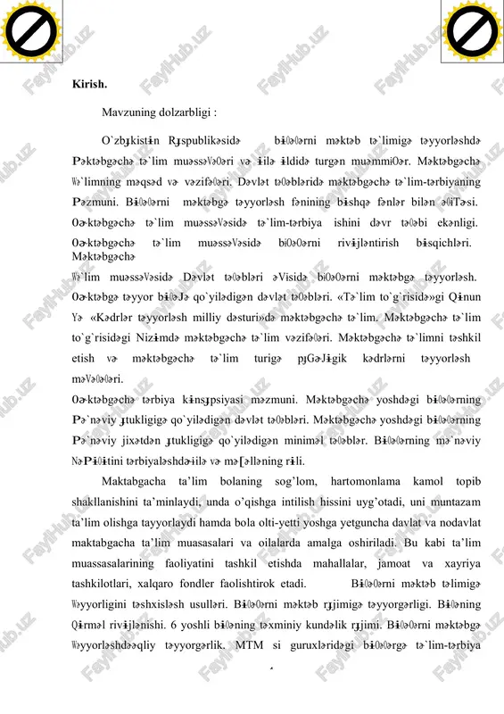 ashkil etilmoqda. bu kabi harakatlar maktabgacha ta’lim yoshidagi bolalarning «kadrlar tayyorlash milliy dasturi» talablari asosida ma’naviy-axloqiy tarbiyalashga xizmat qiladi. 1.2.o`zbekiston respublikasi maktabgacha ta`lim tizimining mazmun mohiyati. ( keyi n g i yill a rd a makta b g a c h a ta ’ li m m u a s s a s a l a ri n in g y a ng i ta r m o g ’i ) maktabgacha ta’lim muassasalari – o’zbekiston respublikasidagi ta`lim muassalarining turi bo’lib, turli yo’nalishdagi maktabgacha bo’lgan davrdagi umumta`lim dasturlarini amalga oshiradi. maktabgacha ta`lim muassasalari 2 yoshdan 7 yoshgacha bo’lgan bolalarni tarbiyalashni, o’qitishni, nazorat qilishni, parvarishlashni va sog’lomlashtirishni ta`minlaydi. ( r ) ( r ) maktabgacha ta`lim muassasasini tashkil etish tartibi, faoliyatini tashkil etish va butlash, hamda maktabgacha ta`lim muassasasining mol-mulki va pul mablag’lari, javobgarligi, boshqaruvi va ta`lim jarayoni qatnashchilari to’g’risidagi kerakli ma`lumotlarni “o’zbekiston respublikasida davlat maktabgacha ta`lim muassasasi to’g’risida nizom” dan …
