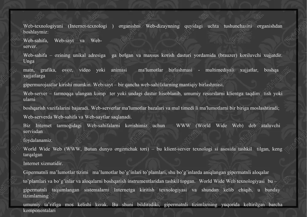 ma’lumot bo’lagi. ikkinchi yondashuvda gipermatnli tizim elementar ma’lumot ob’ektlari to’plami uchun gipermatnli aloqalar rolini o’ynovchi html-sahifalarning o’zi tomonidan aniqlanadi. bu yondashuv tayyor komponentalardan tasvirlanayotgan sahifalarni qurish nuqtai- nazaridan ancha serhosilroqdir. webda sahifalarni ayratishda “klient-server” arxitekturasi bilan bogliq muammo yuzaga chiqadi. sahifalarni ham klient tomonida, ham server tomonida yaratish mumkin. web-texnologiya klassifikatsiyasi 21.2. razmetkali tillar: html, xml, xhtml, wml, javascript. web-texnologiyaning (internet-texnologi ) web-dizayn qismini ơrganishni razmetkali til tasnifi bilan boshlaymiz. maxsus til mavjud bơlib, bu til yordamida matnlar, grafik ma'lumotlar web-sahifa xujjatga joylashtiriladi va bu xujjatni barcha komp terda kơrish imkoni ti mavjeddir. bunday maxsus tillar razmetkali tillar deb ataladi. ularning asosiy vazifasi – web-sahifaga “ma'lumotlarni joylashtirish” va ular orasidagi aloqani (giperssilokalar) ta'minlashdan iborat. html (hypertext markup language) dastlab world wide web tizimi matnli ma'lumotlarni va html xujjatlarni kơrishga mơljallangan, matnni taxrirlovchi tilga ơxshash tizim bơlgan. ayni damda html tili www daga ng ommabop tillardan biri hisoblanadi. html tilida yozilgan …