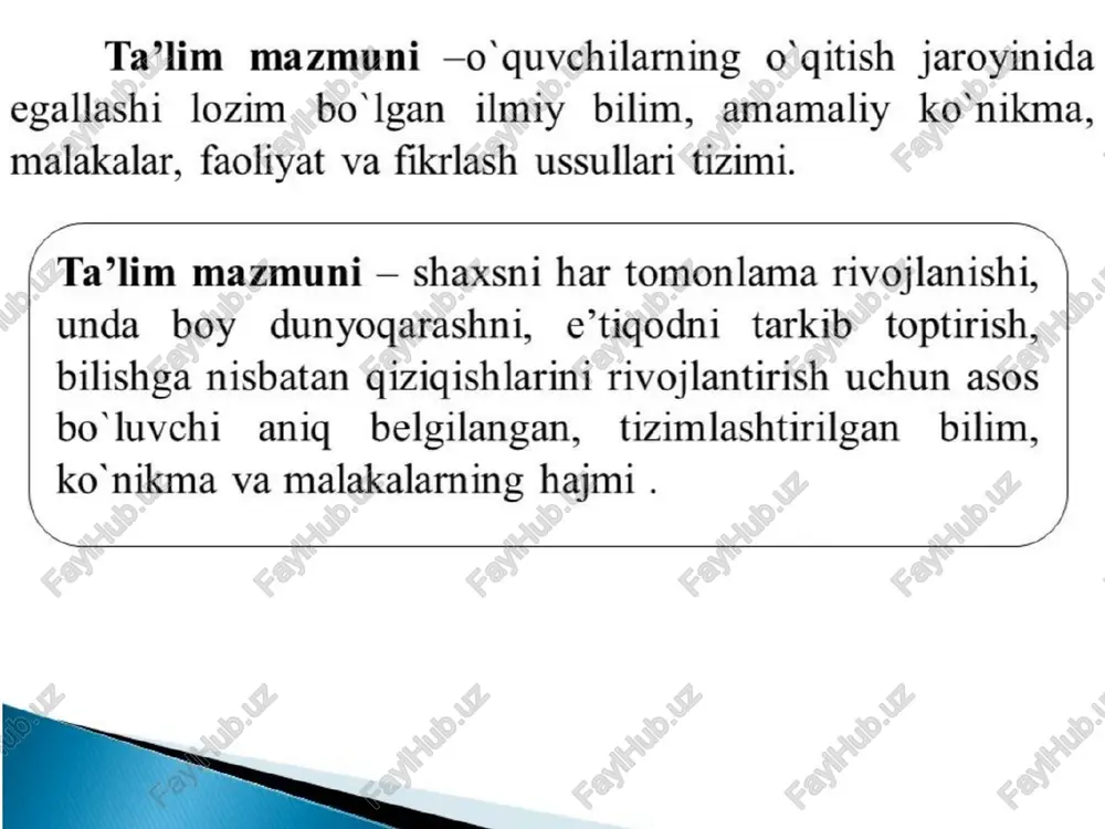 i yaratish zarurligi; 2) o‘zbekistonning jahon hamjamiyati tizimiga kirishi natijasida xalqaro ta’lim amaliyotida umumiy o‘rta va o‘rta maxsus, kasb-hunar ta’limi mazmuni rivojlanish an’analarining hisobga olinishi. davlat ta’lim standartlari- ta’limi mazmuni va sifatiga qo‘yiladigan talablarni _ belgilaydigan meyoriy hujjat. davlat ta’lim standartlari (dts — inglizcha standard — me’yor, namuna) —~ uzluksiz ta’lim bosqichlarining asosly ta’ lim dasturlari mazmunining zarurly minimumini, o quvchilarga yuklanadigan o'quv yuklamalarning maksimal hajmini, ta’lim muassasasi _ bitiruvchilarining tayyorgarlik darajasini, ta’lim jarayonini ta’minlash (uning moddiy-texnik, o'quv-laboratoriya, axborot- metodik, kadrlar ta’minoti)ning asosiy talablarini aniqlab beradigan me’yor va talablar. a davlat ta’lim standartlarining tarkibiy tuzilmasi: 1. ta’limning yangi yoki aniqlashtirilgan maqsadlari, fanning organish ob’ektlari va asosiy mazmunli yo'nalishlari ko‘zda tutiladigan o quv fanining umumiy ta’rifi. 2. o’quv fanining mazmuni, tayanch (invariant) darajasini tasvirlash. 3. ta’limning majburiy natijalarini ifodalash, ya’ni o quvchilarning o’quv tayyorgarliklari zarur bo'lgan minimal darajasiga talablar. 4. bilim, ko’nikma va malakalarga qo’yiluvchi talablar (bu ularning majburiy tayyorgarliklari darajasining …