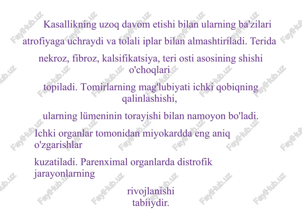 bu yurak chegaralarining kengayishi, yurak urishi, ohanglarning karligi, ritm va o'tkazuvchanlikning buzilishi bilan namoyon bo'ladi. yurak etishmovchiligi kamdan-kam rivojlanadi. gipotenziyaga moyillik mavjud. oshqozon va ichakning shikastlanishi bilan shilliq qavatdagi eroziv o'zgarishlar qayd etiladi, kamdan-kam hollarda qon ketish kuzatiladi, bu qorin bo'shlig'ining tutqich yoki boshqa tomirlarining og'ir vaskulitlari natijasidir. ba'zida jigar kattalashishi mumkin. o'pkaning shikastlanishi ko'pincha pnevmoniya (aspiratsiya yoki gipoventiliya) bilan namoyon bo'ladi. ba'zi hollarda pnevmonit (qon tomir kelib chiqishi) rivojlanadi. asab tizimidagi o'zgarishlar, asosan, sezgirlikning buzilishi (paresteziya, giperaljeziya) bilan tavsiflanadi. qonni o'rganishda mo''tadil leykotsitoz, eozinofiliya, esr ortishi, va g-globulinlar, immunoglobulinlarning ko'payishi 2 aniqlanishi mumkin . o'tkir va subakut kursida qonda aminotransferaza va kreatin fosfokinaz darajasining oshishi, kreatinuriya kuzatiladi. dermatomiyozit kursi o'tkir, subakut va surunkali bo'lishi mumkin. o'tkir kurs kamdan-kam hollarda kuzatiladi. tez o'sib borayotgan umumiy mushaklarning shikastlanishi, disfagiya, dizartriya, yurak va boshqa organlarning shikastlanishi bilan tavsiflanadi. ko'pincha pnevmoniya va o'pka yurak kasalligi bilan bog'liq. subakut kursi bilan kasallik sekinroq rivojlanadi, …