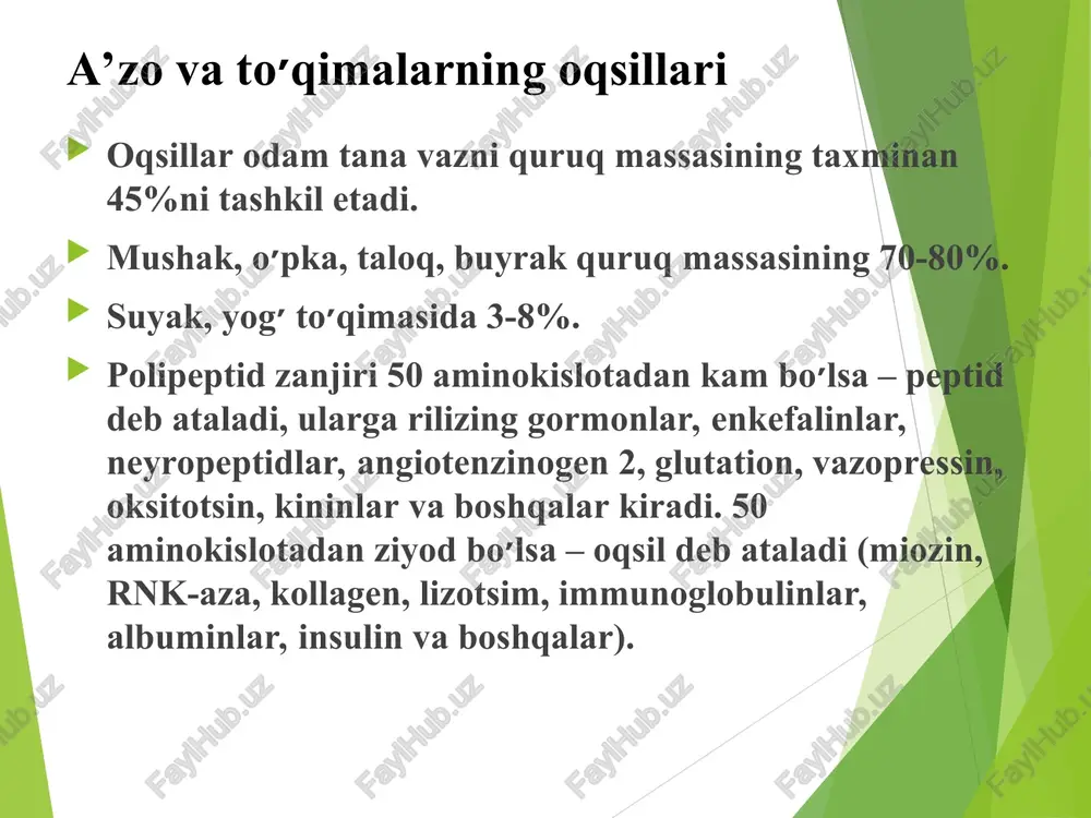 uktura yoki “taxlangan bar” – bu polipeptid zanjirni zigzak zanjirlarni ozaro vodorod so - - -nh boglar bilan boglanadi 0,272 nm oqsilni ikkilamchi strukturasi - β-qavatma qavat struktura paralell struktura antiparalell struktura yonidan korinishi yonidan korinishi oqsillarda ikkilamchi strukturalarni uchrashi polipeptid zanjiridagi aminokislotalarning funksional guruxlari orasidagi vodorod bog׳lanishlar ikkilamchi qurilishni hosil qiladi (α-spiral, β-struktura, betartib koptokcha). α-spiralda polipeptid zanjir o׳q atrofida o׳raladi va vodorod bog׳lar bitta polipeptid zanjir orasida hosil bo׳ladi (ichki vodorod bog׳lar) va ular polipeptid zanjirini qisqartiradi. β-strukturada vodorod bog׳lar bitta polipeptid zanjirining parallel qismlarida yoki bir-necha polipeptidlar orasida xosil bo׳ladi. bitta oqsilda xam α-spiral, xam β-struktura bo׳lishi mumkin. oqsillarda turli xil ikkilamchi qurilishlarning miqdori faqat α-spiraldan tashkil topgan oqsillar (mioglobin, gemoglobin) α-spiral va β-struktura oqsil molekulasida bir xil miqdorda uchraydigan oqsillar (ldg, fgk). ulardagi α-spirallar domenlarni hosil qiladi. domen – bu polipeptid zanjirining globulyar shaklga ega bo׳lgan mustaqil qismi. faqat β-strukturadan tashkil topgan oqsillar (immunoglobulinlar, sod). asosan …