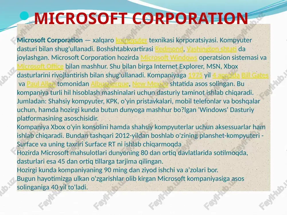 ushiga ega. uning tomonidan 2001 yilda yaratilgan xbox one konsoli sony etgan. konsolning ikkinchi modeli - xbox 360 tarixdagi eng xaridorgir o'yin moslamalaridan biri deb tan olingan. microsoft kompaniyasi musiqa pleerlari ishlab chiqarishga ham, “aqlli” soatlar bozoriga ham qiziqish bildirib kelmoqda. kompaniyaning bunday faolligi apple korporatsiyasi bilan raqobat natijasidir. . ikki gigant tilga olingan barcha tarmoqlarda kim o'zarga harakat qilib, turli-tuman moslama va qurilmalar ishlab chiqarishadi. bu qarama-qarshilikda goh u tomon, goh bu tomon g'alaba qozonadi. aytaylik, kompyuter bozorida microsoft so'zsiz etakchi bo'lsa, u ishlab chiqargan audipleerlar va planshetlar apple mahsulotlari bilan raqobatlasha olmagan. 2008 yilda bill geytsning o'rnini yangi rahbar – stiv balmer egallagandan so'ng microsoft’ning mag'lubiyatlari soni yanada ko'payib bordi.microsoft mutasaddilari korporatsiyaning uchinchi rahbari satya nadellaga umid bog'lamoqdalar.nadella bu ishonchni oqlash maqsadida korporatsiya strukturasida jiddiy o'zgarishlar amalga oshirmoqda, ishlab chiqarish jarayonini xizmat ko'rsatish tarmog'iga yo'naltirishga harakat qilmoqda.matbuotning fikricha, nadellaning davriga kelib korporatsiya nihoyat “zerikarli” statusidan qutulib, o'zining asosiy …