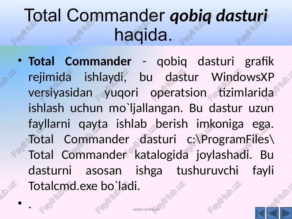 lt+f1] tugmalari bosiladi, o`ng oynaga chiqarish uchun esa [alt+f2] tugmalari bosiladi. so`ngra yo`nalish tugmalari yordamida kerakli diskni ajratib [enter] tugmasini bosish kerak. www.arxiv.uz fayllarga atribut o`rnatish. ajratilgan yoki to`plamga kirgan fayllarga atribut o`rnatish uchun [alt+a] tugmalari yoki yuqori tavfsiyanomadagi «fayli» menyusi tanlanadi. ushbu menyudan “izmenit atributi” bo`limi tanlanadi. so`ng «izmenit atributi» nomli darcha paydo bo`ladi. bu darcha quyidagicha: www.arxiv.uz [ ] tolko dlya chteniya (read only) – faqat o`qish atributi. [ ] arxivniy (archive) arxivga joylashtirish uchun atribut. [ ] skritiy (hidden) – yashirin atribut. [ ] sistemniy (system) –sistemali atribut. bu darchasida yunalish tugmalardan foydalanib to`rt burchak kavslarga o`tib bo`sh tugma (probel) bosiladi, natijada bu to`rt burchak kavslarga glochk belgisi quyiladi. agar takroran bo`sh tugmasi bosilsa glochk belgisi yo`qoladi. atributlarni o`rnatib yoki olib tashlangandan so`ng [tab] tugmasi yordamida «ok» tugmasini tanlanadi. www.arxiv.uz total commander dasturida ba`zi issiq tugmalarning amallari 1. [ctrl+q] – faylni kushni oynasida mundarijasini kurish 2. [ctrl+t] …
