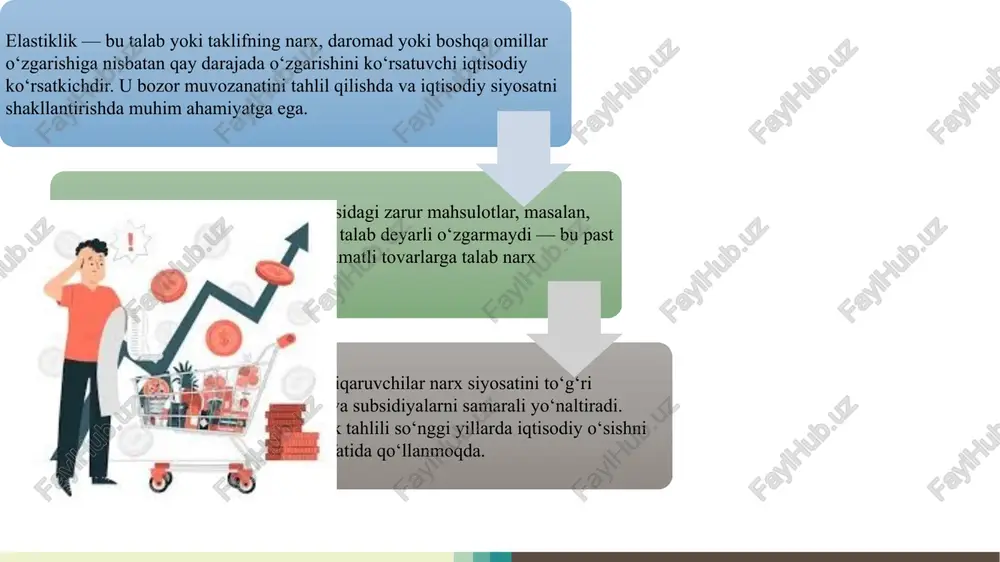 adi. narx va daromad elastikliklari o‘zaro chambarchas bog‘liq bo‘lib, ular iste’molchilar xatti-harakatini va bozor muvozanatini belgilaydi. agar daromad oshsa, talab ko‘p hollarda ortadi, lekin bu ortish narx o‘zgarishlariga qanday javob berishini ham o‘zgartiradi. masalan, yuqori daromadli iste’molchilar narx oshishiga kamroq sezgir bo‘ladi, past daromadli qatlam esa narx o‘zgarishiga tez reaksiya bildiradi. grafik talqinda bu munosabat “talab egri chizig‘i” orqali ifodalanadi: u narx o‘sishi bilan pastga, daromad o‘sishi bilan esa o‘ngga siljiydi. o‘zbekistonda 2024-yilda ayrim iste’mol tovarlarida (masalan, maishiy texnika va avtomobil bozori) aynan shunday siljish kuzatildi. bu esa mamlakatda daromadlar o‘sishi bilan birga, iste’mol tuzilmasining diversifikatsiyalanayotganini ko‘rsatadi. bozor iqtisodiyoti sharoitida narx va daromad elastikligidan to‘g‘ri foydalanish korxona raqobatbardoshligini oshirish va foyda darajasini barqarorlashtirishda muhim ahamiyatga ega. elastiklik tahlili yordamida ishlab chiqaruvchi narxni oshirish yoki kamaytirish natijasida talab qanday o‘zgarishini oldindan baholay oladi. masalan, 2024-yilda o‘zbekistonda ayrim oziq-ovqat mahsulotlari narxining 10% ga oshishi talabni faqat 3–4% ga kamaytirdi, bu esa talabning …
